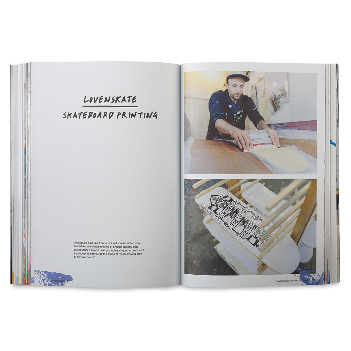 Screenprinting: The Ultimate Studio Guide - Spread of Chapter on Skateboard Printing