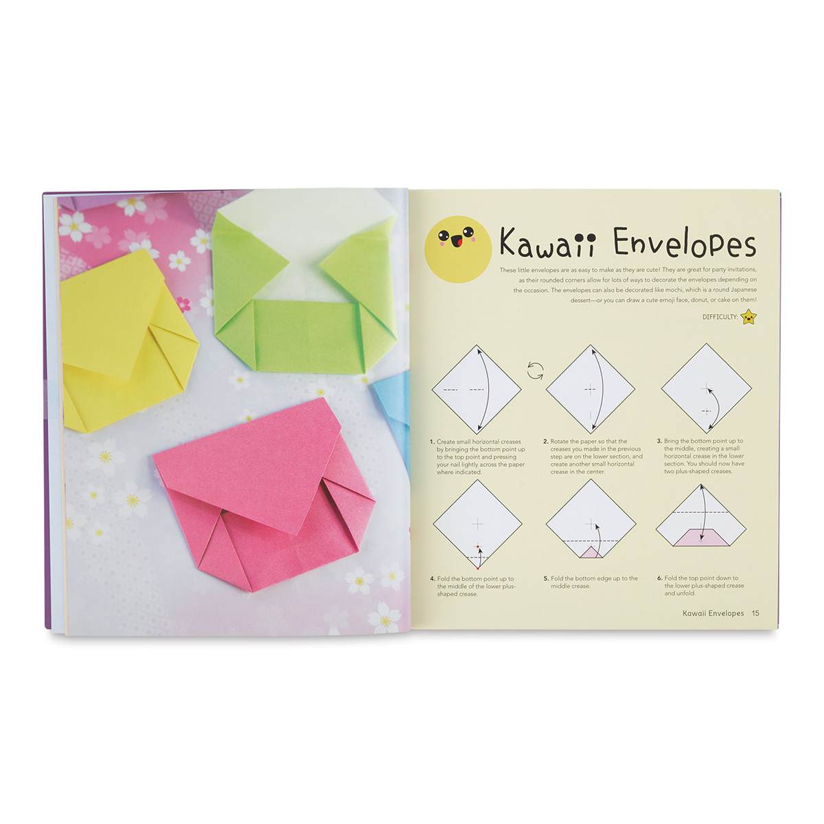 Kawaii Origami Kit - Inside spread about folding paper into Envelopes