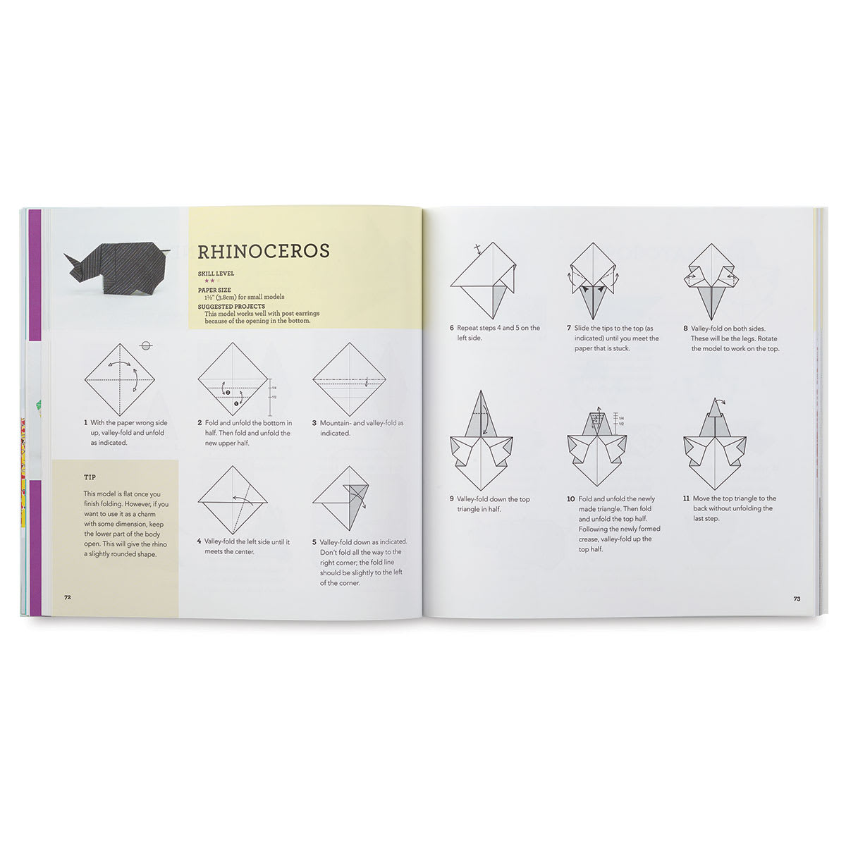 Origami Jewelry Motifs - Spread showing steps to make an Origami Rhinoceros
