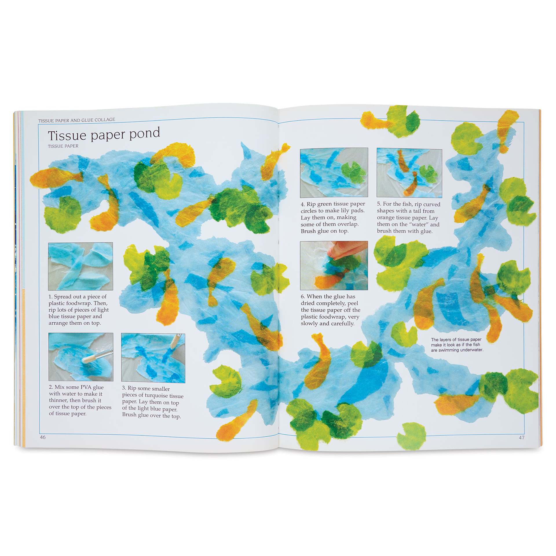 The Usborne Book of Art Skills, tissue paper pond