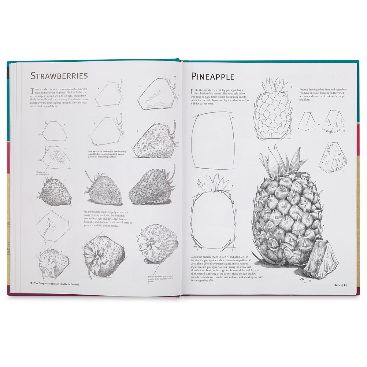 The Complete Beginner's Guide to Drawing - Spread showing how to draw certain fruit
