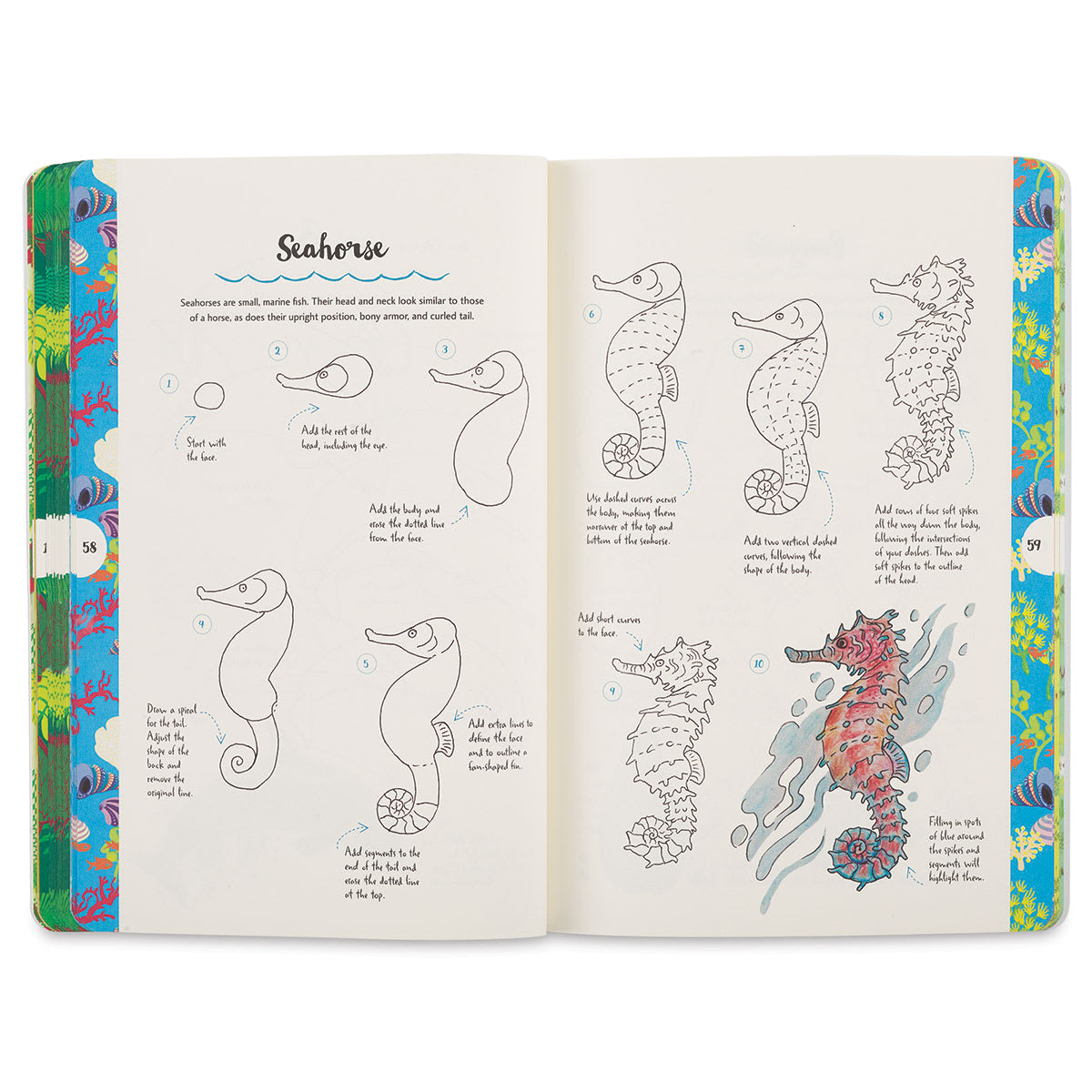 Ten-Step Drawing: Animals - Spread showing steps to draw a Seahorse