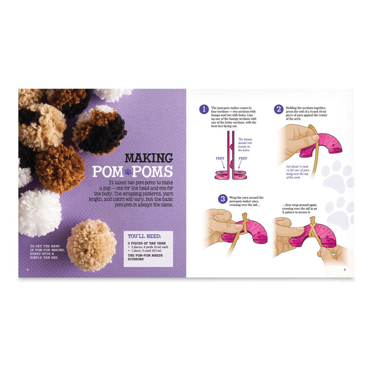 Klutz Pom-Pom Puppies - Inside spread of instructions showing how to make pom-poms