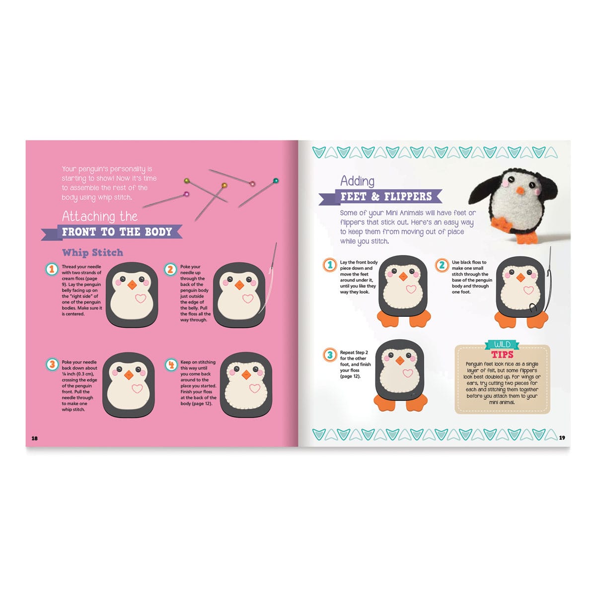 Klutz Sew Mini Animals - Inside spread showing instructions to make tiny stuffed penguin