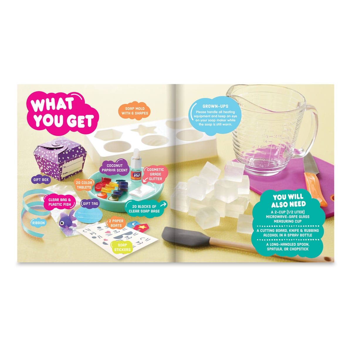 Klutz Make Your Own Soap - Inside spread of instruction booklet showing components of kit