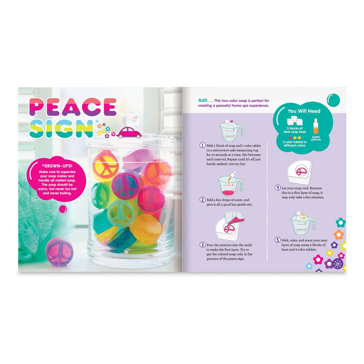 Klutz Make Your Own Soap - Inside spread of instruction booklet showing how to make Peace Sign soaps