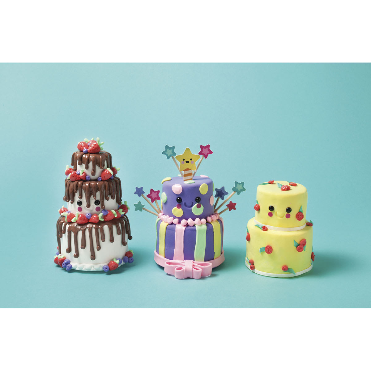 Klutz Mini Bake Shop - Finished example of 3 sculpted multi-tier cakes