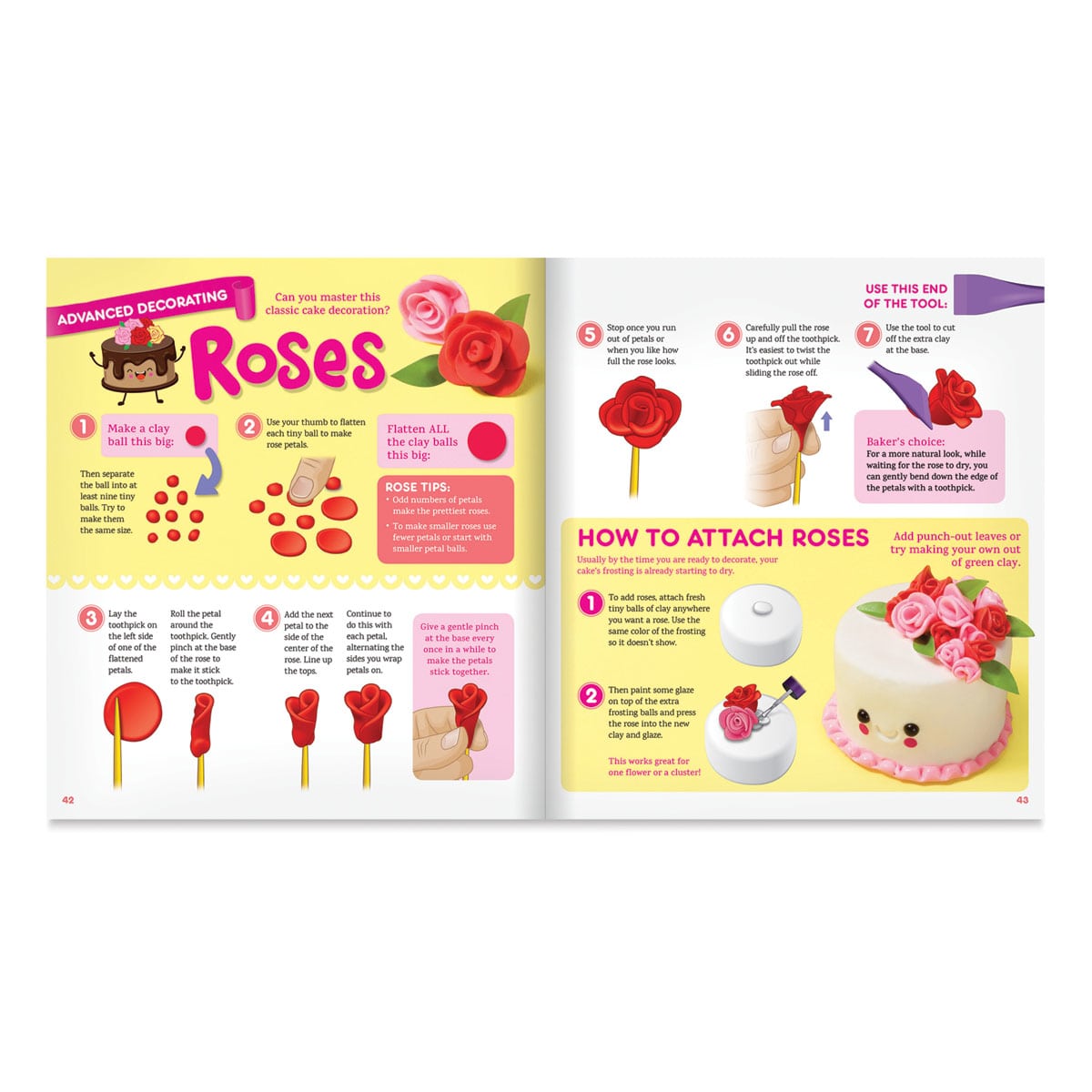 Klutz Mini Bake Shop - Inside spread of directions showing how to sculpt clay roses and decorate cake