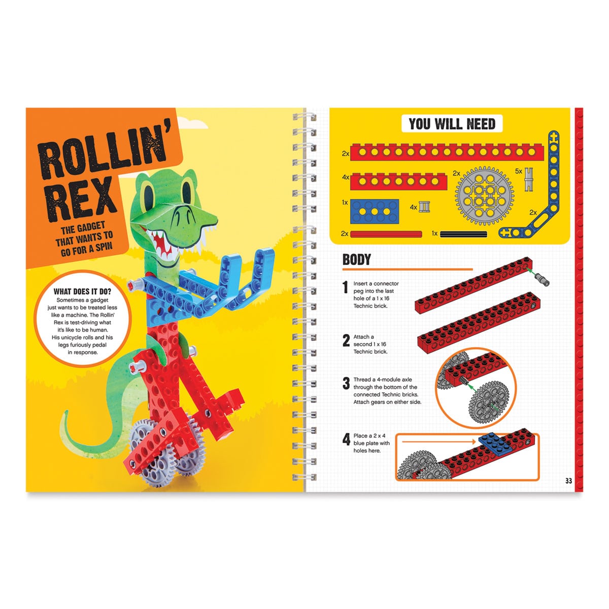 Klutz LEGO Gadgets - Inside spread of instructions showing Rolling Rex assembly