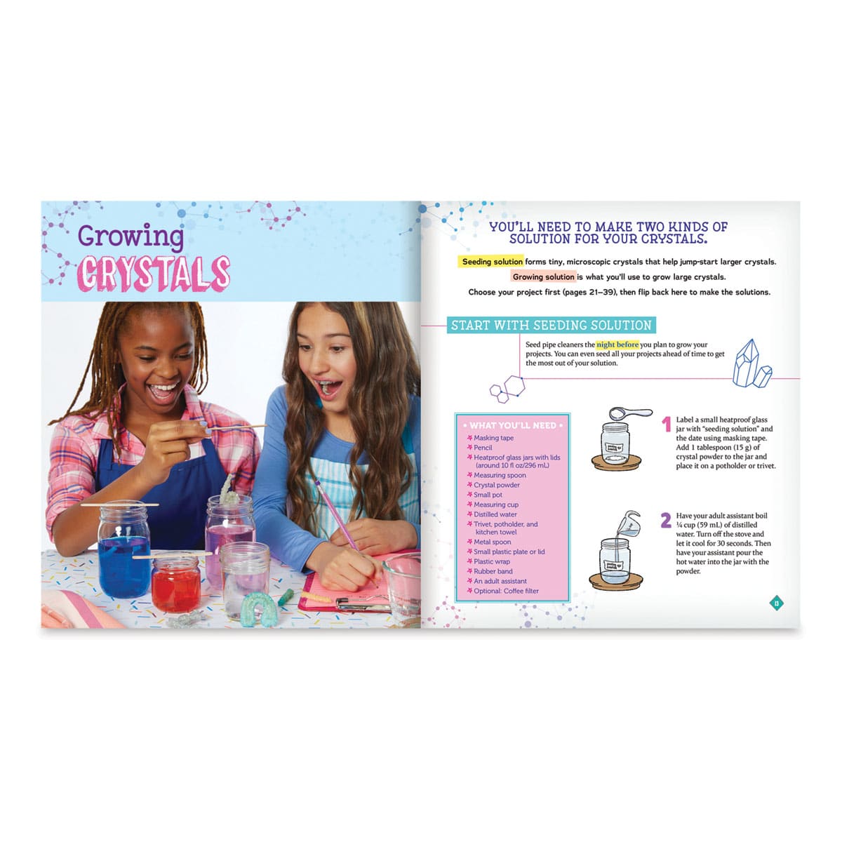 Klutz Grow Your Own Crystal Mini Worlds - Inside spread showing how to grow crystals