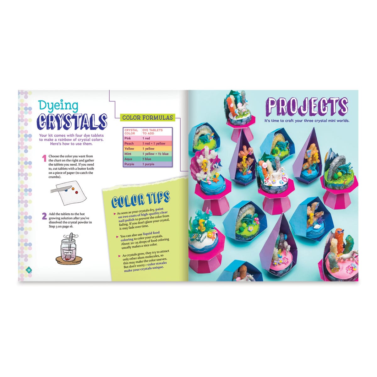 Klutz Grow Your Own Crystal Mini Worlds - Inside spread showing how to dye crystals