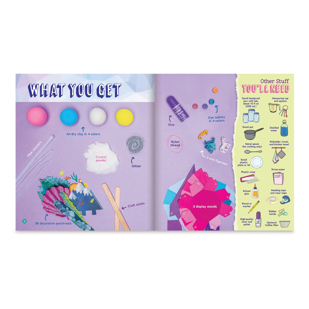 Klutz Grow Your Own Crystal Mini Worlds - Inside spread showing components of kit