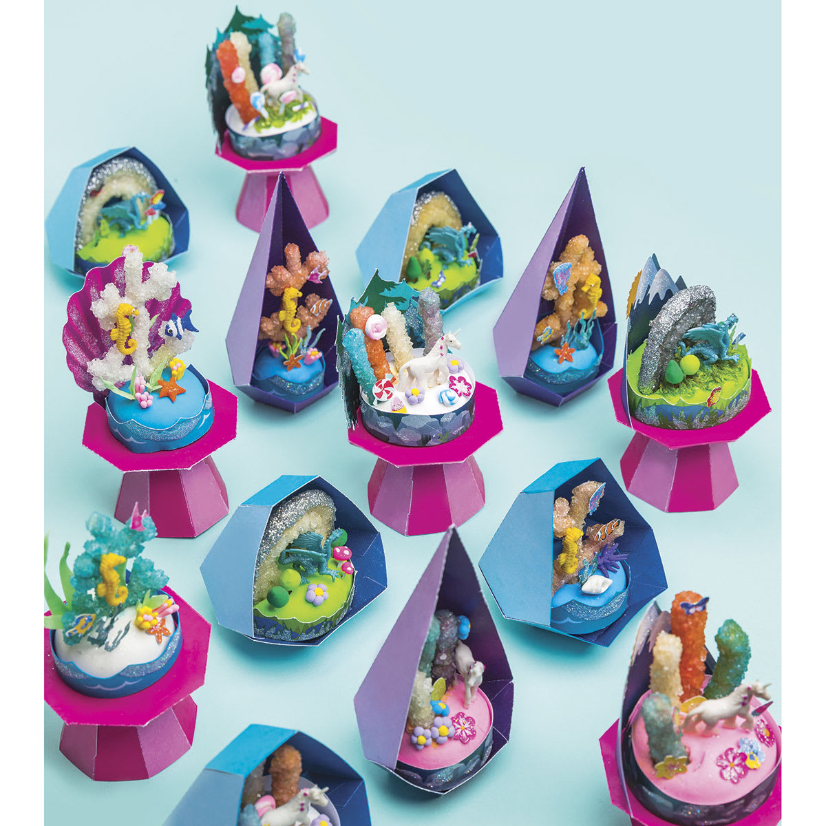 Klutz Grow Your Own Crystal Mini Worlds - Inside page from instructions showing Finished examples