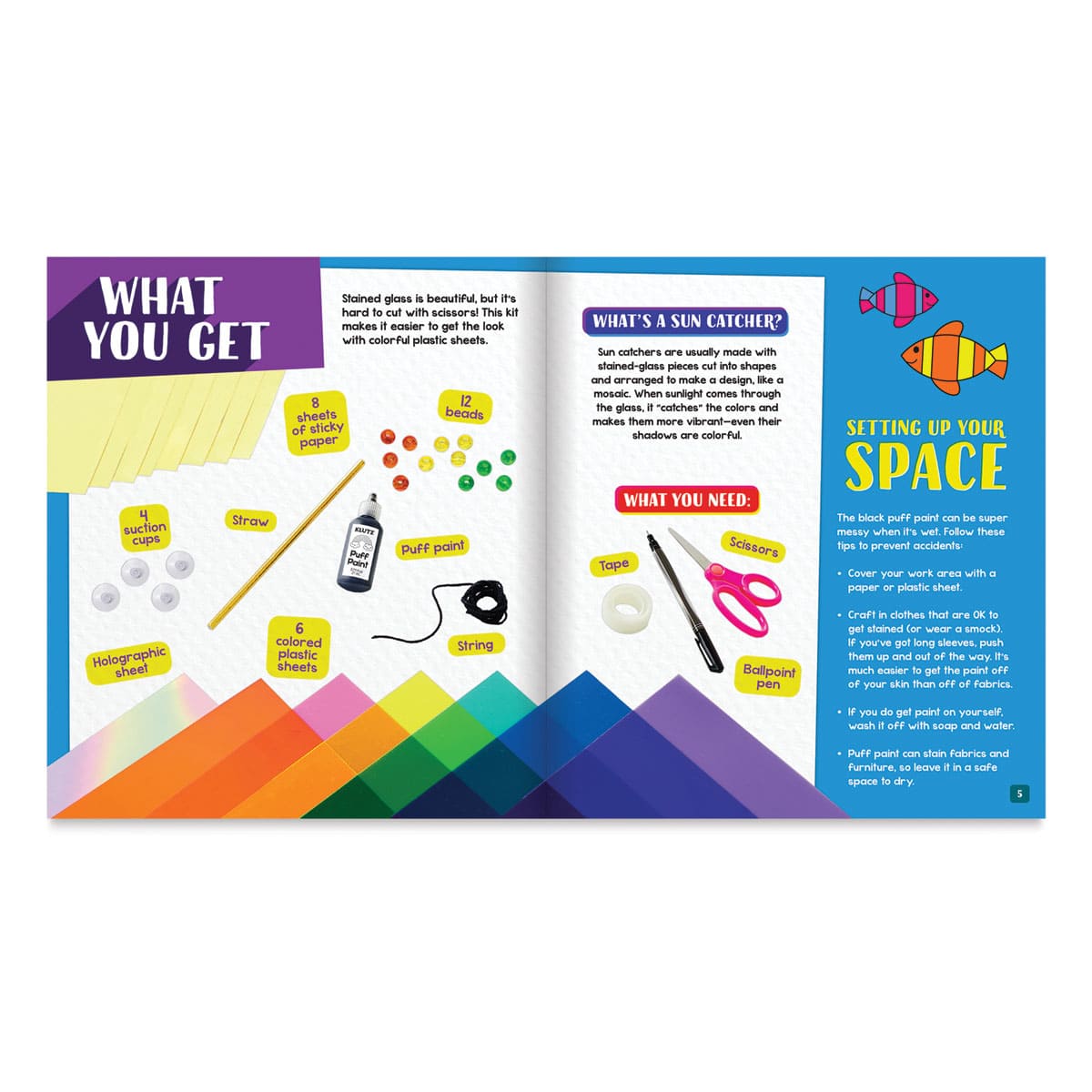 Klutz Sun Catchers - Inside spread of instructions showing Kit components