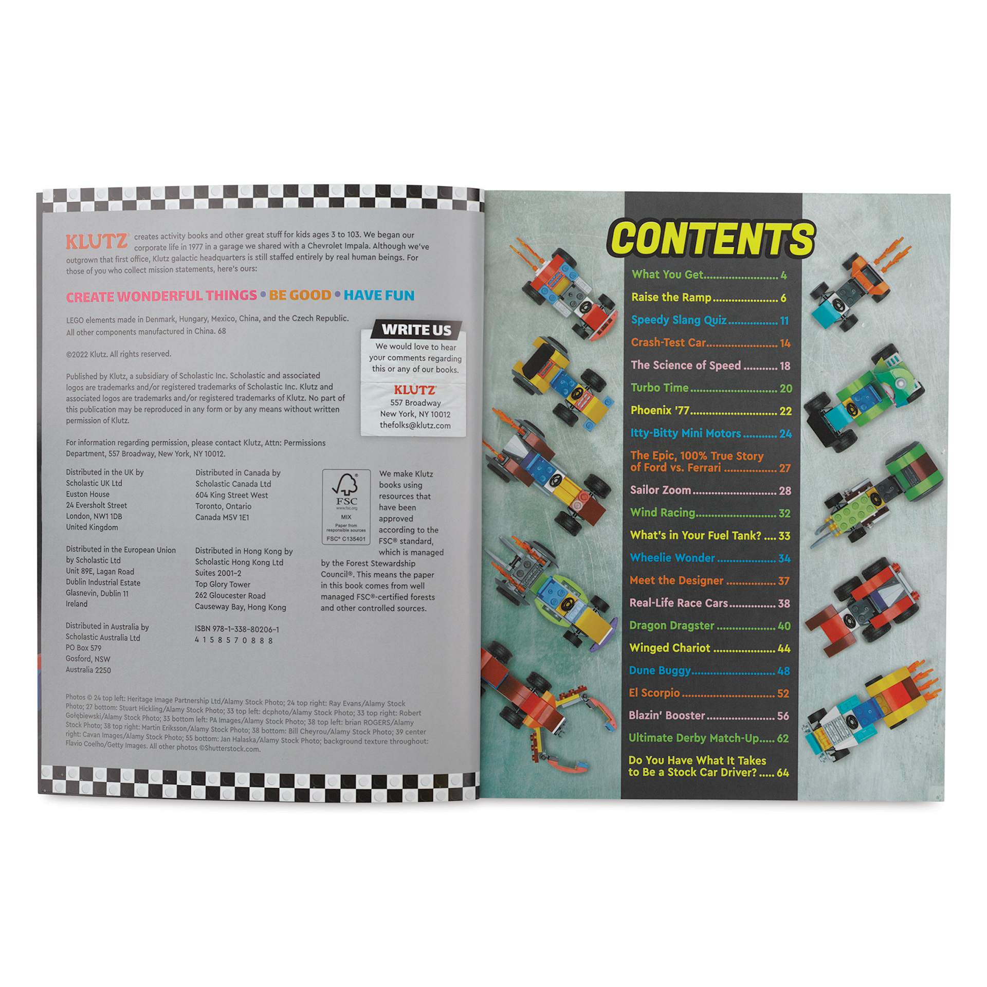 Klutz LEGO Race Cars Kit, instruction manual, table of contents