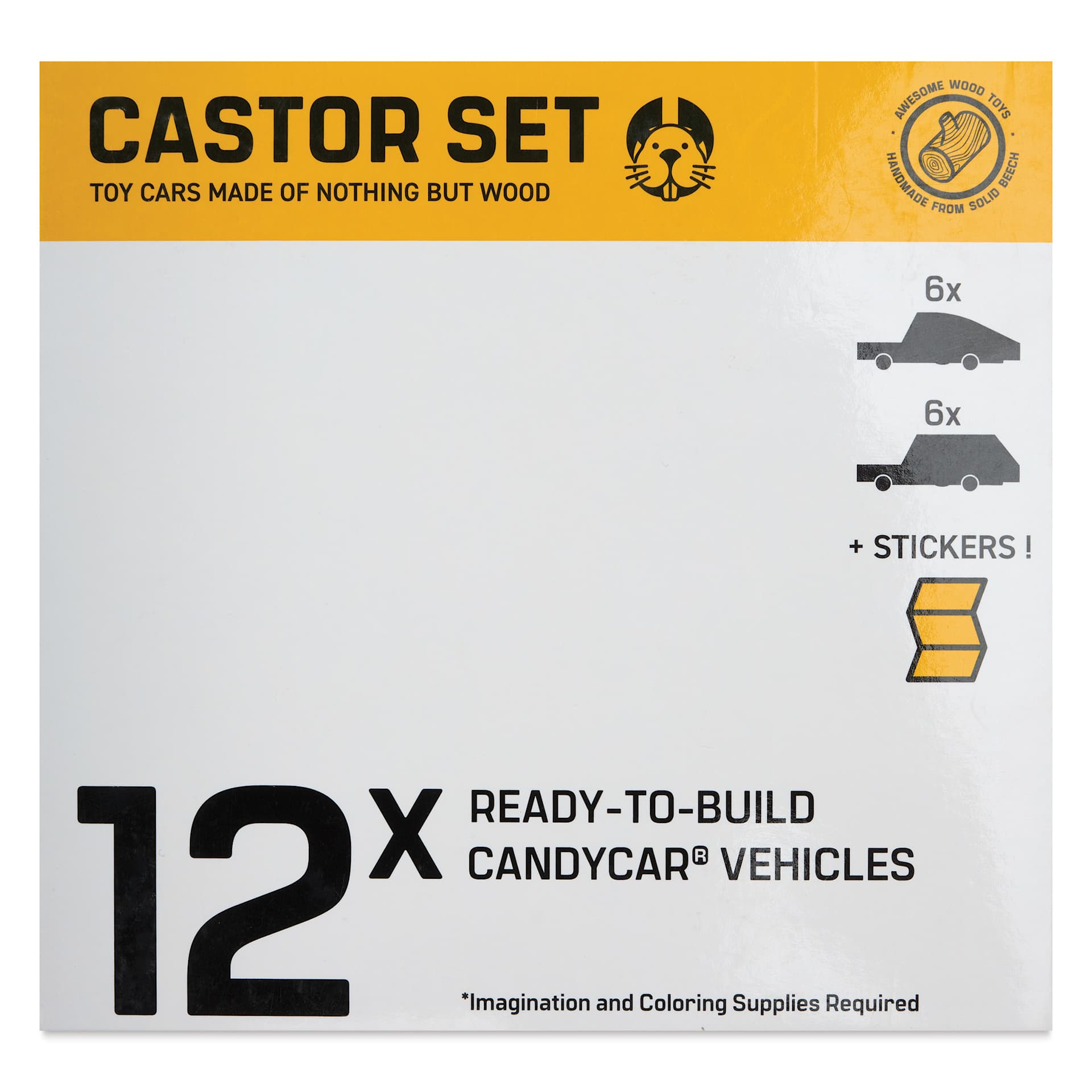 Candylab Castor Wooden Car Kit - Kit of 12, front of packaging