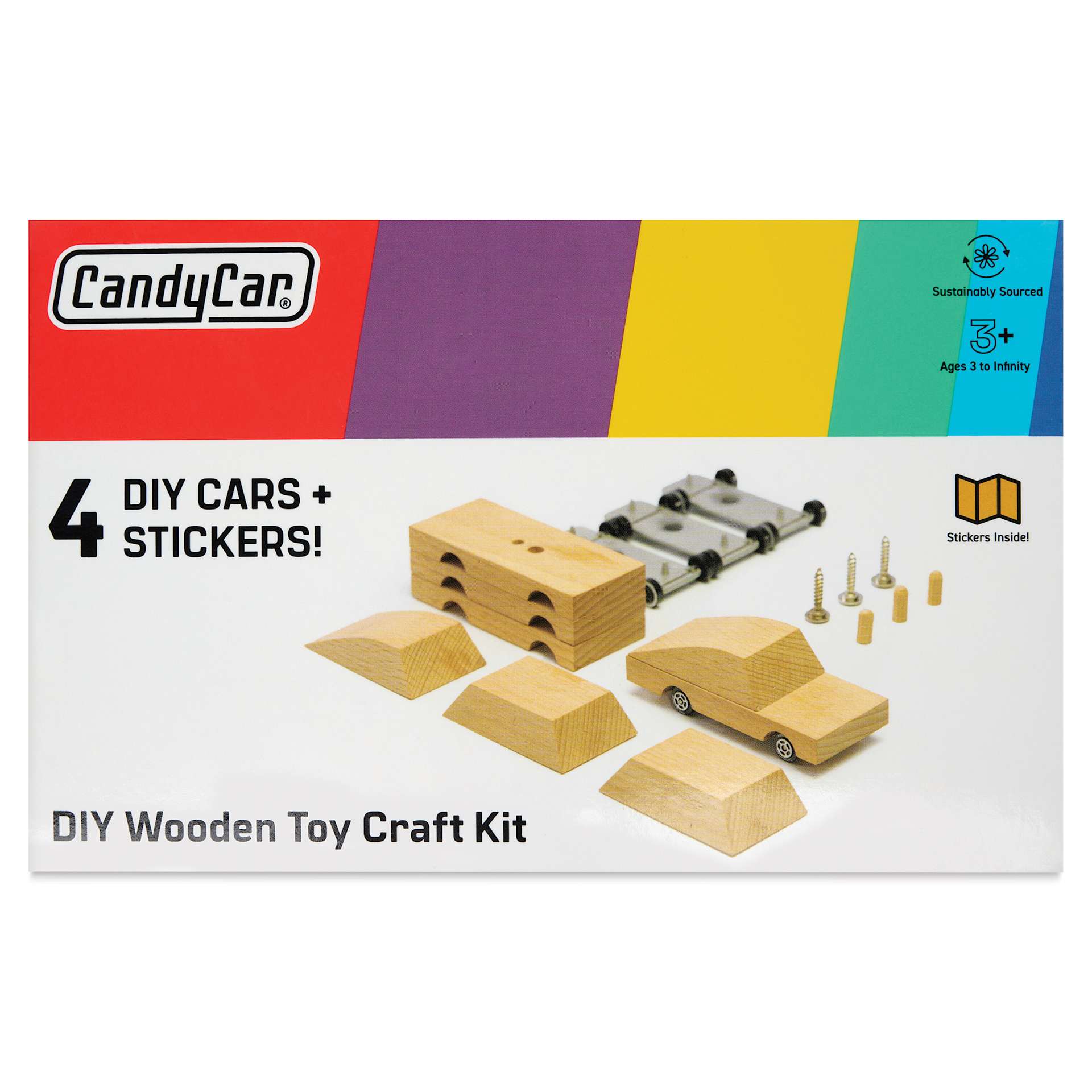 Candylab Castor Wooden Car Kit - Kit of 4, front of packaging