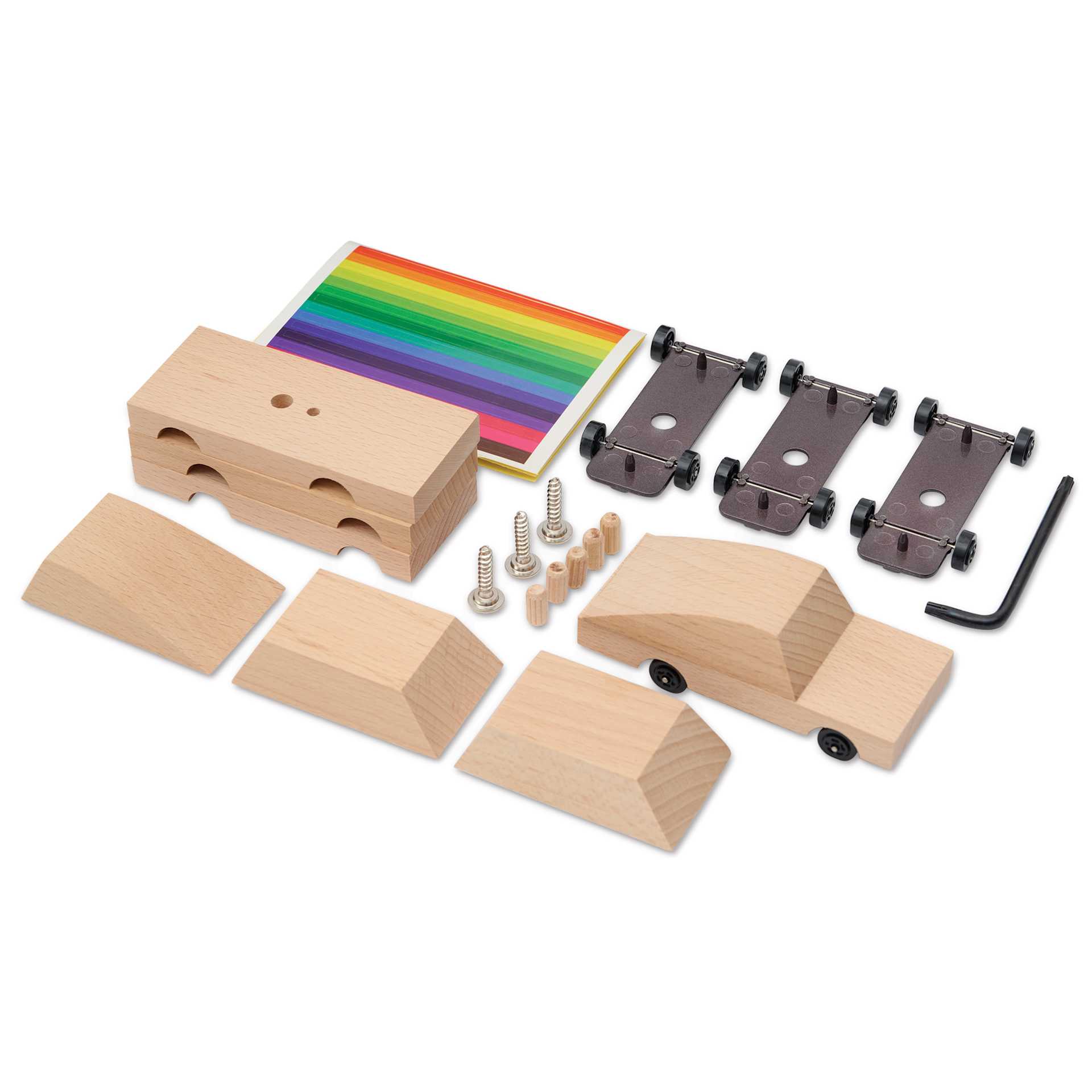 Candylab Castor Wooden Car Kit - Kit of 4, constructed car with remaining contents