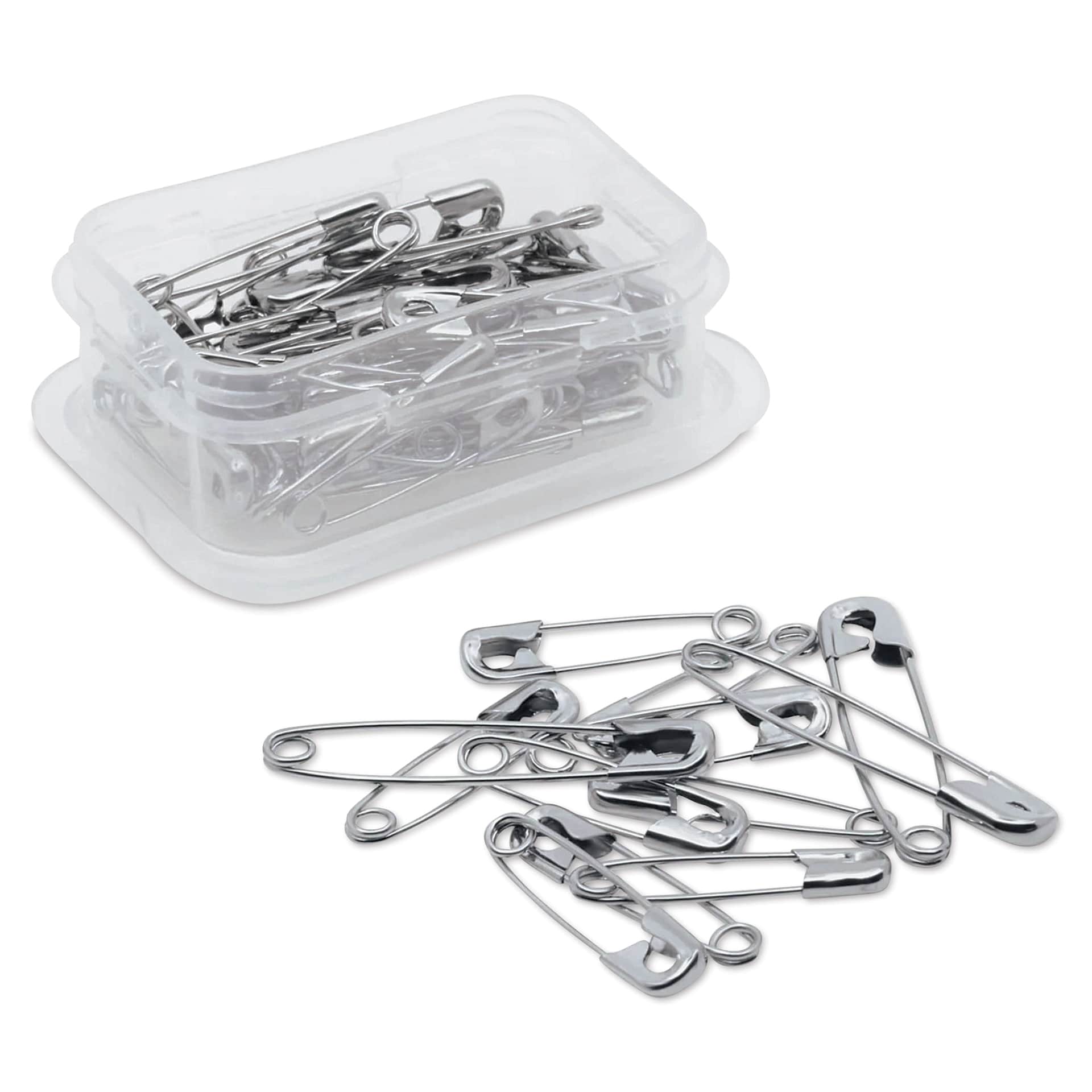 Dritz Safety Pins - Assorted Sizes, Pkg of 50 with open Storage Box and pins laid out