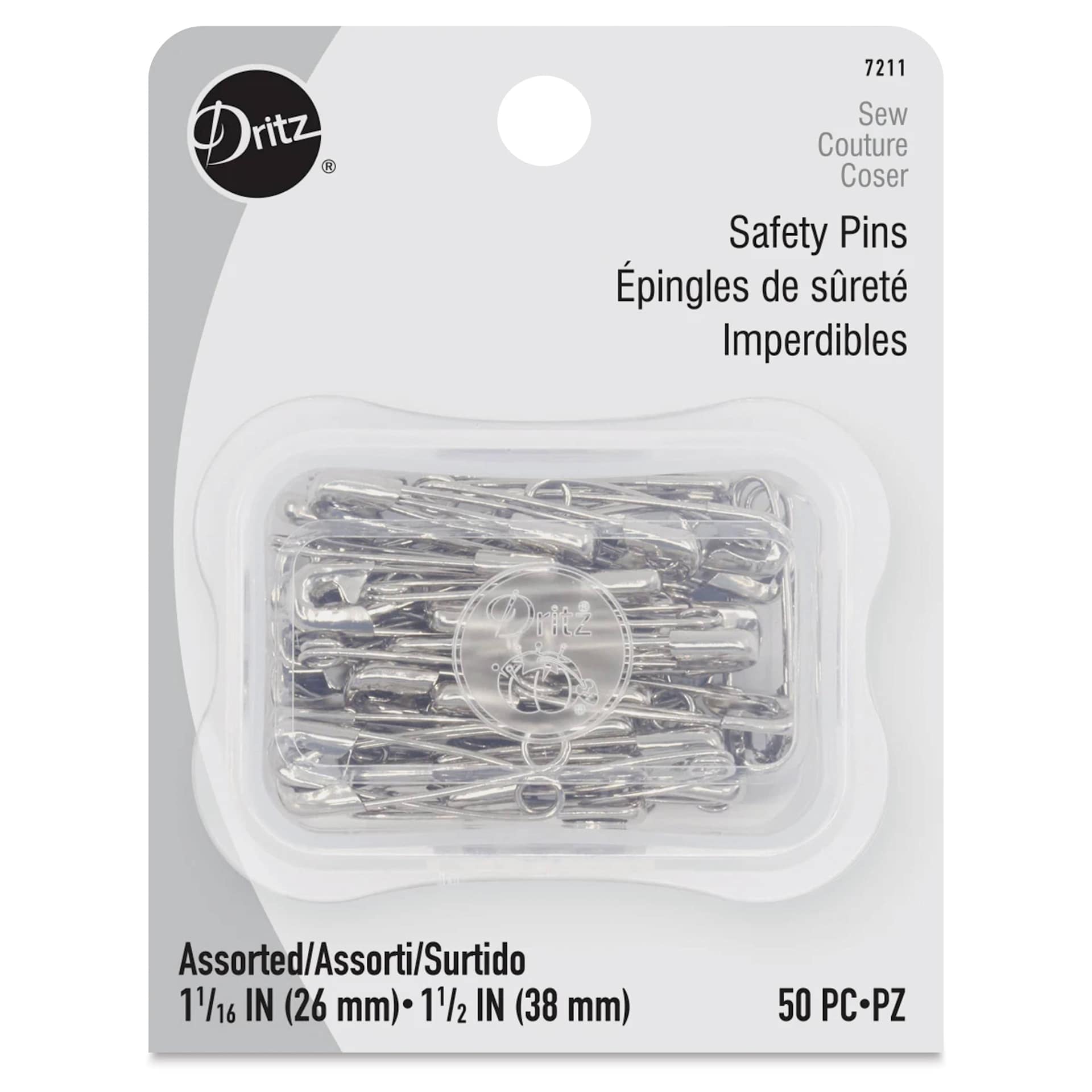 Dritz Safety Pins - Assorted Sizes, Pkg of 50 with Storage Box, front of the packaging