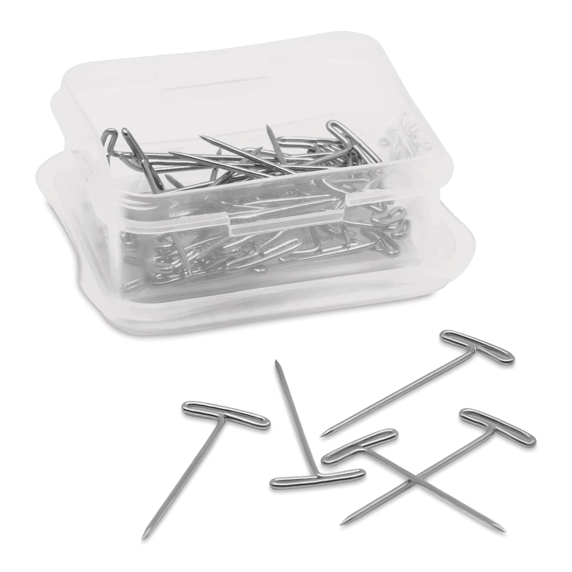 Dritz T-Pins - 1-1/2", Pkg of 35, pins laid out in front of opened carrying case