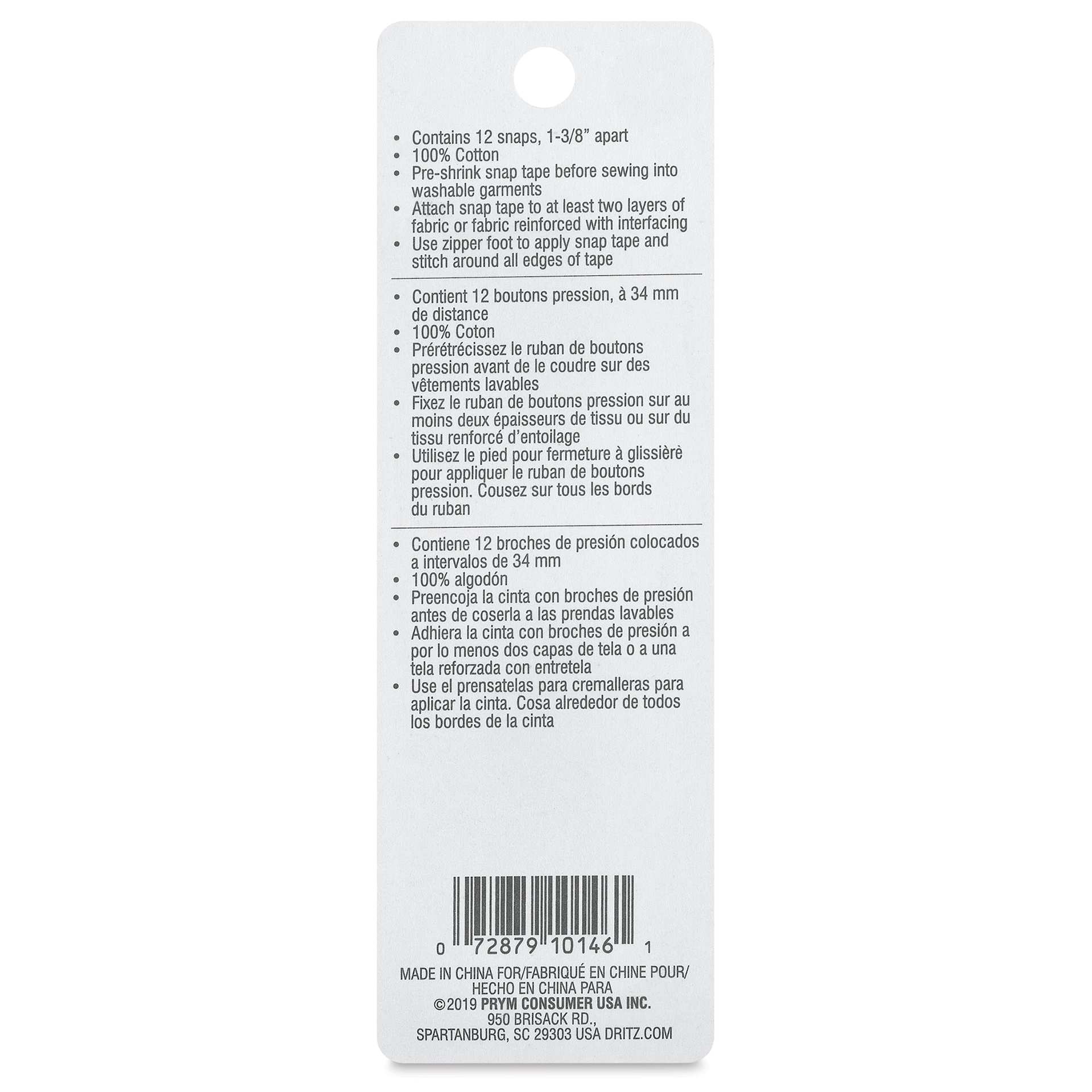 Dritz Cotton Snap Tape back of packaging