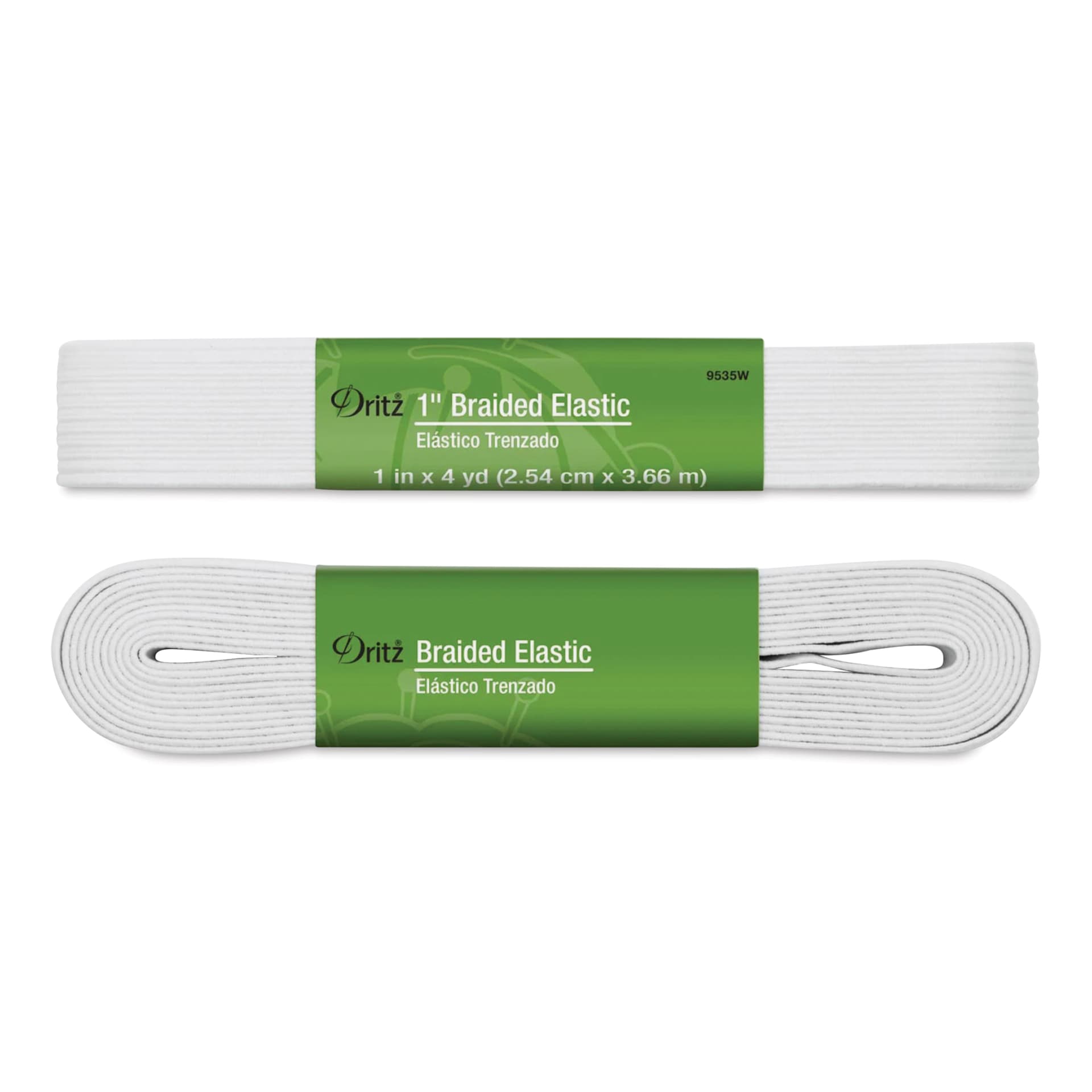 Dritz Braided Elastic - White, 1" X 4 yds top and side view