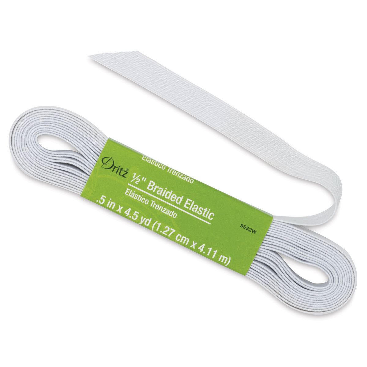 Dritz Braided Elastic - 1/2" White Elastic tape slightly pulled out of label