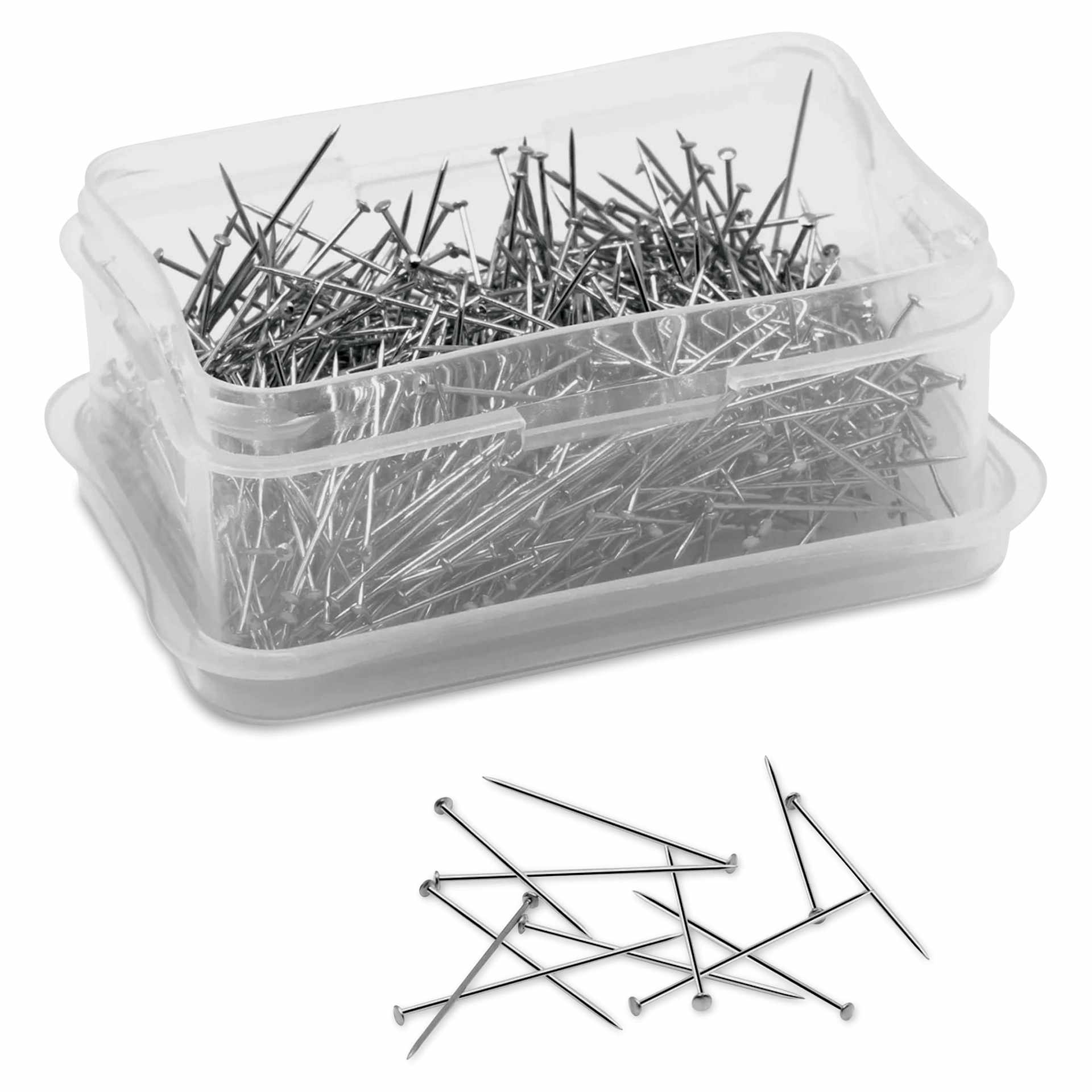 Dritz Dressmaker Pins - 1-1/16", Pkg of 750, opened storage box and pins laid out