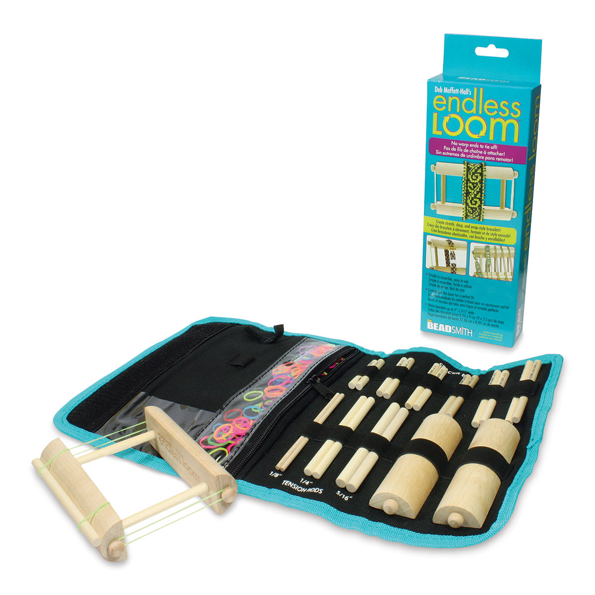 Beadsmith Endless Loom - Components in roll-up case with package
