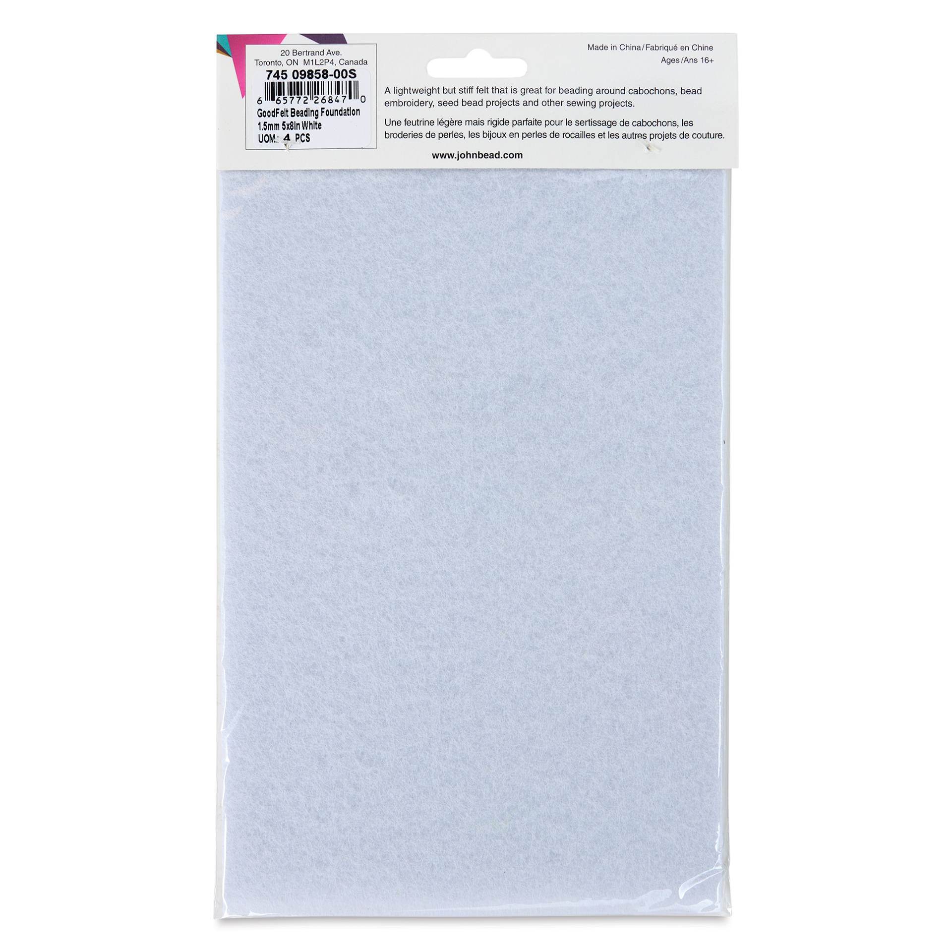 John Bead GoodFelt Beading Foundation - White, 4 sheets, 5" x 8" back of packaging