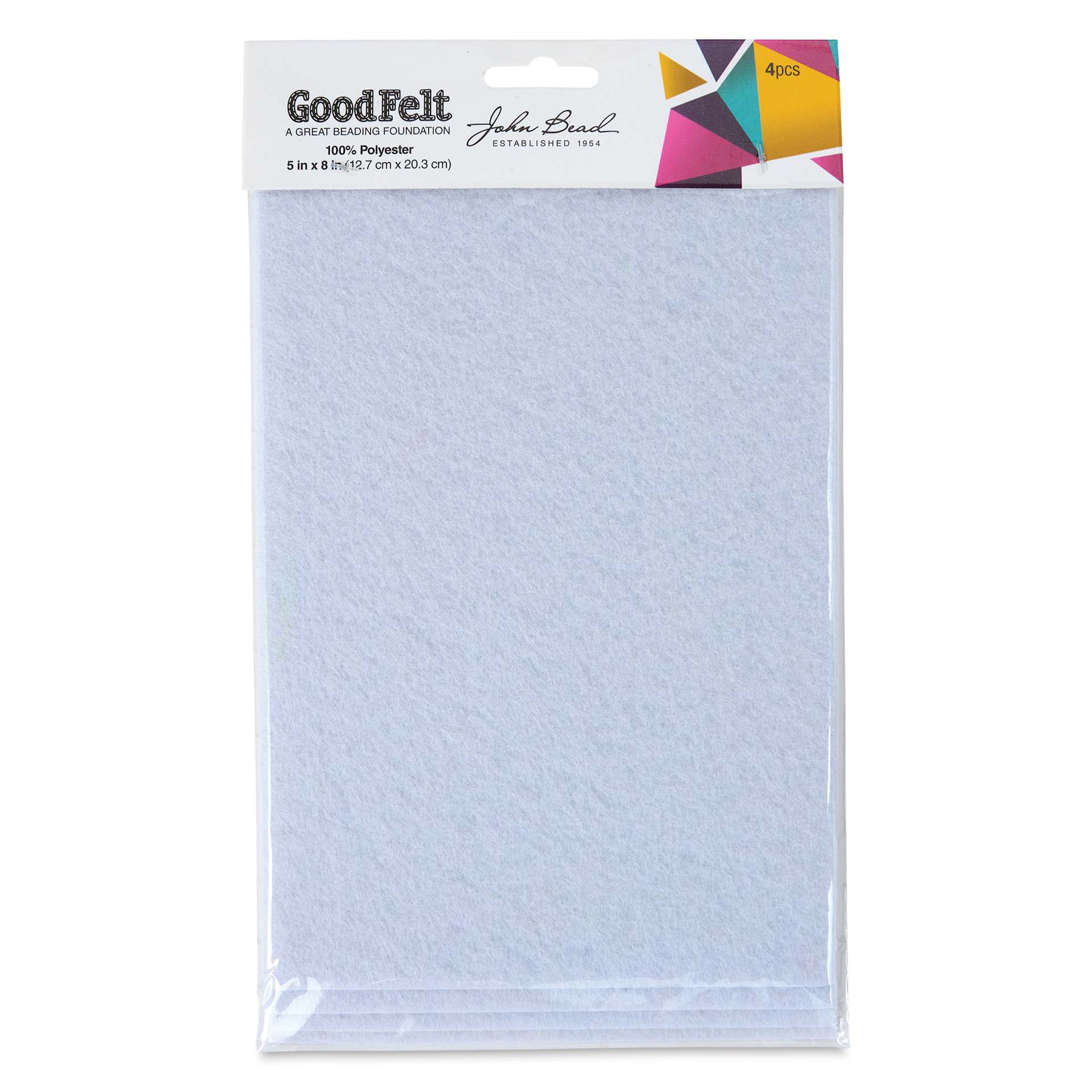 John Bead GoodFelt Beading Foundation - White, 4 sheets, 5" x 8" front of packaging