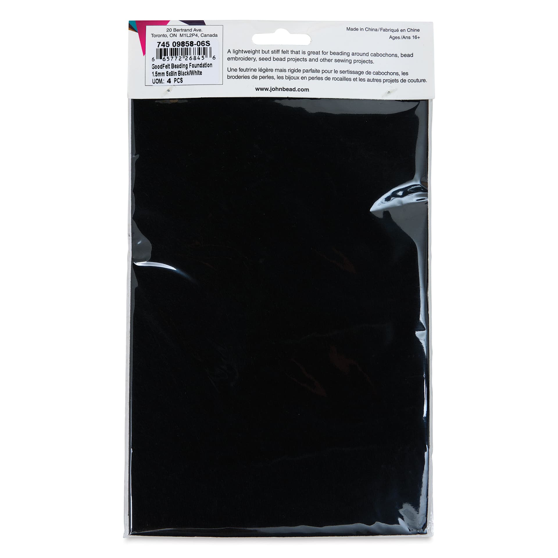 John Bead GoodFelt Beading Foundation - Black and White, 4 Sheets, 5" x 8" back of packaging
