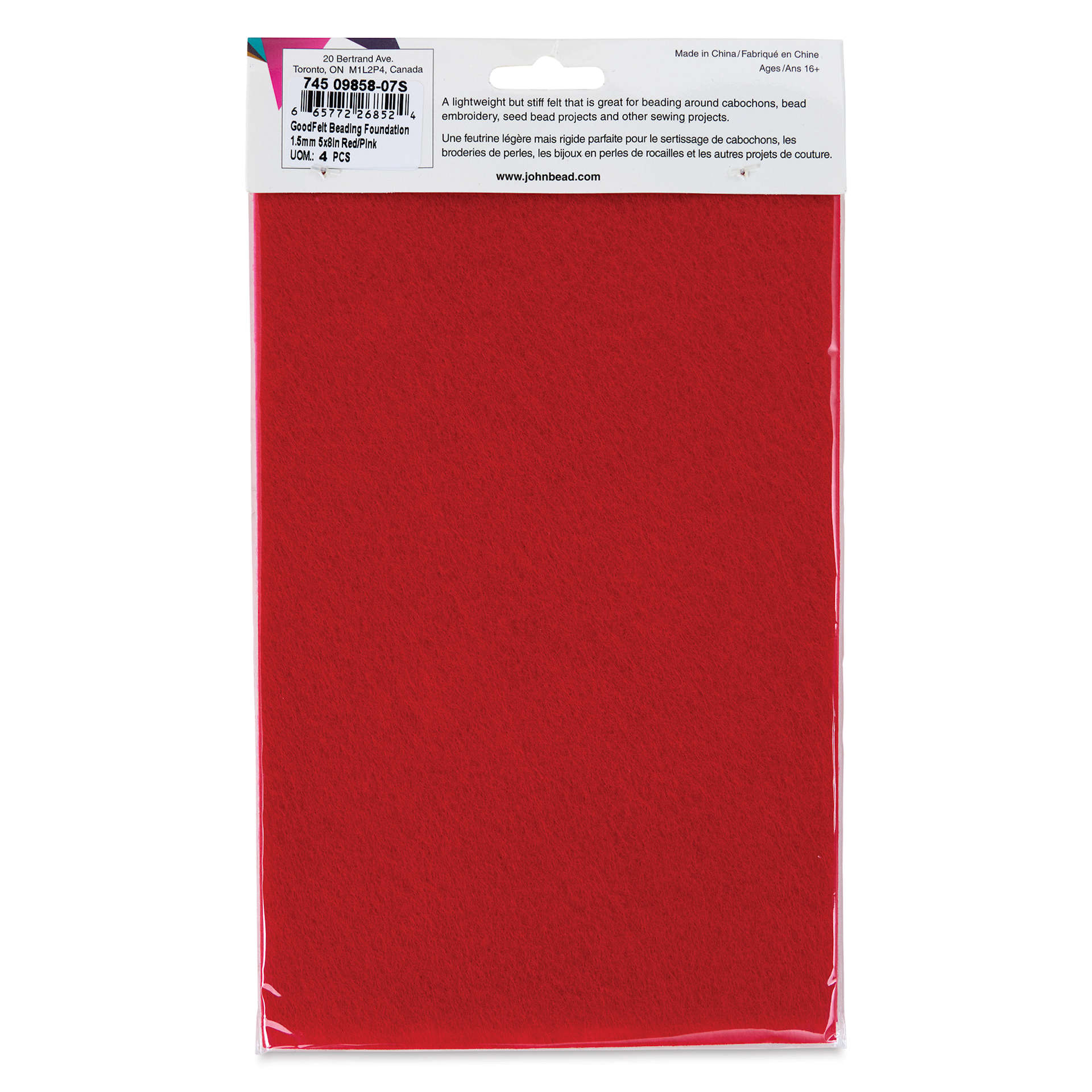 John Bead GoodFelt Beading Foundation - Red and Pink, 4 Sheets, 5" x 8" back of packaging