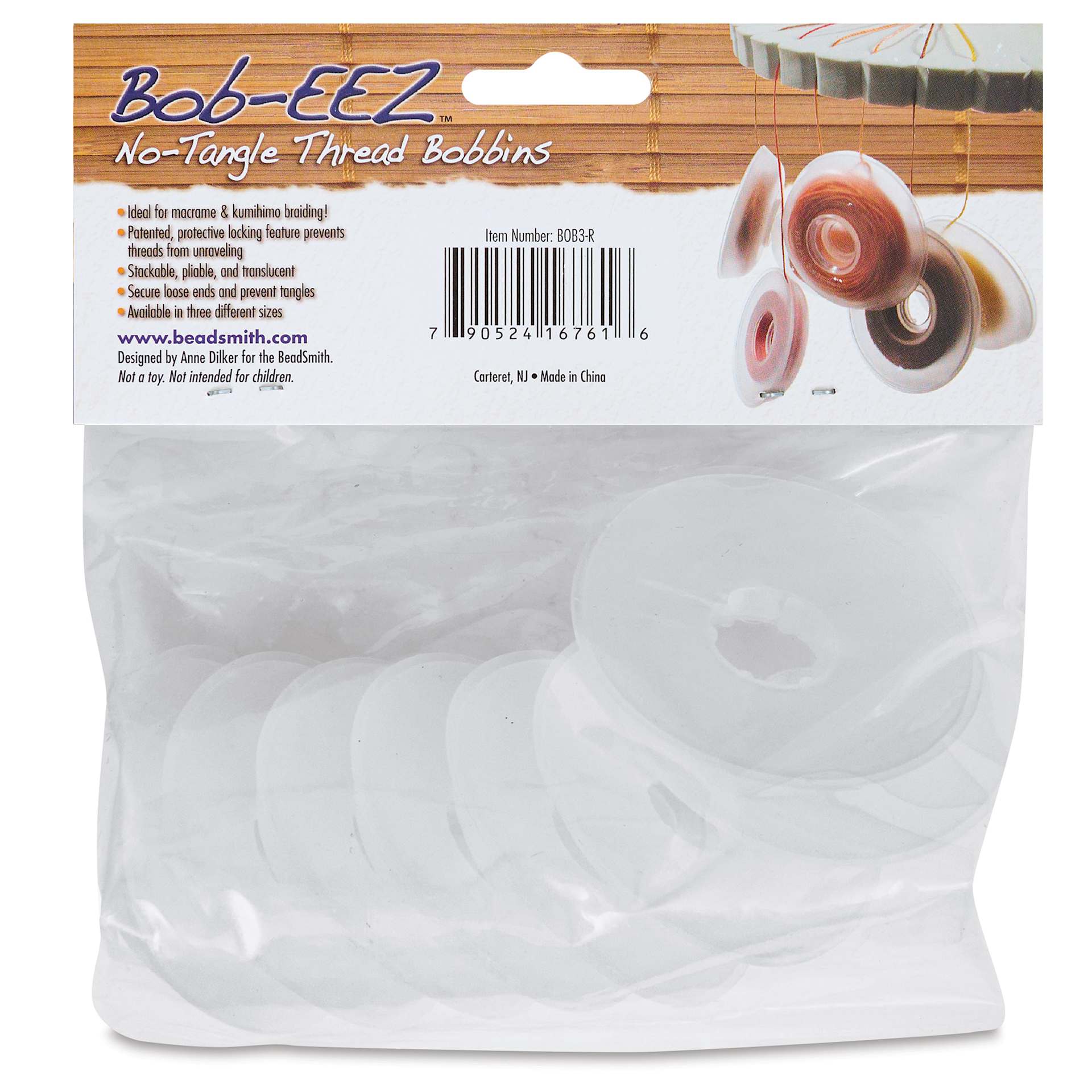 Beadsmith Bob-EEZ No Tangle Thread Bobbins - 2-1/2" Diameter, Pkg of 8, back of the packaging