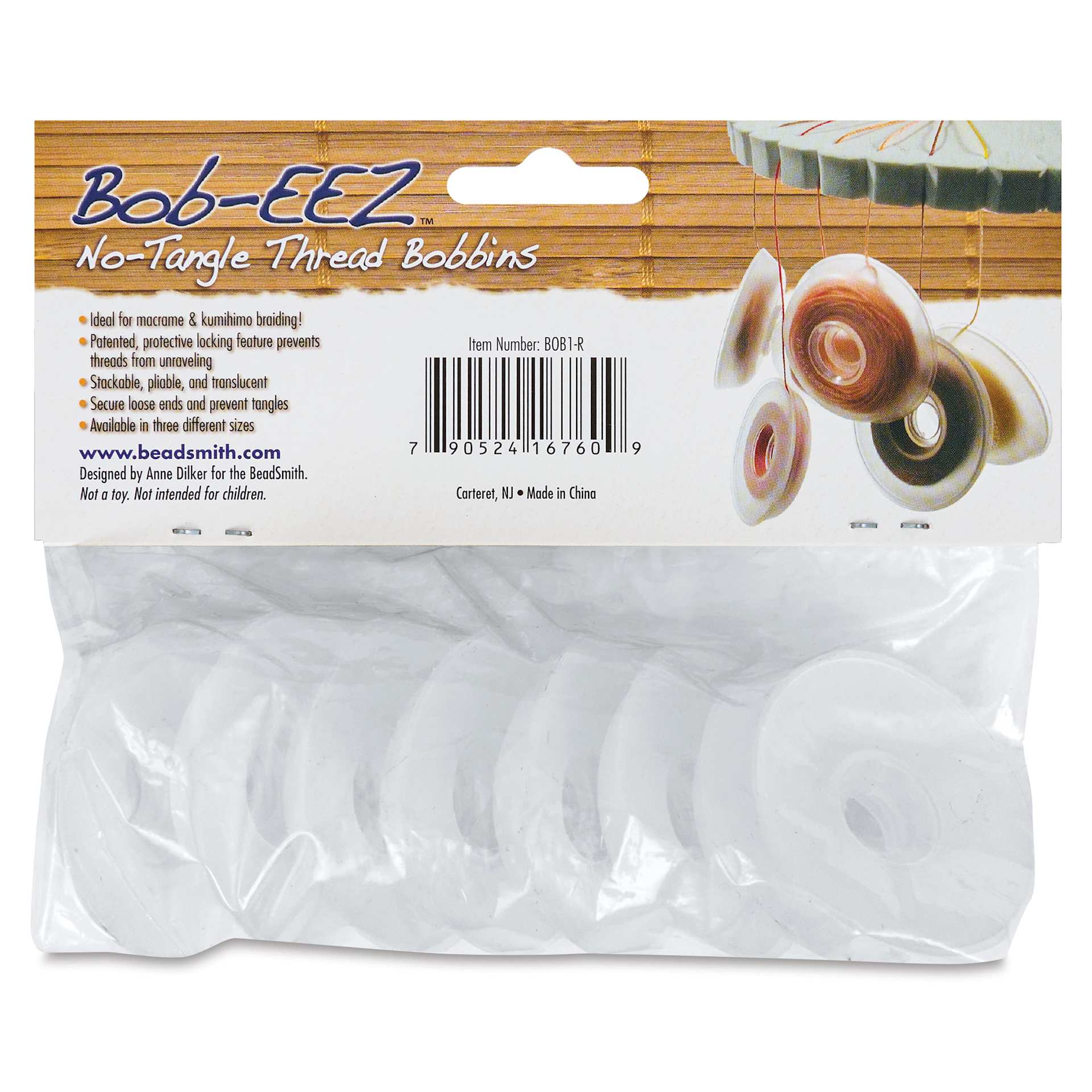 Beadsmith Bob-EEZ No Tangle Thread Bobbins - 1-7/8" Diameter, Pkg of 8, back of the packaging