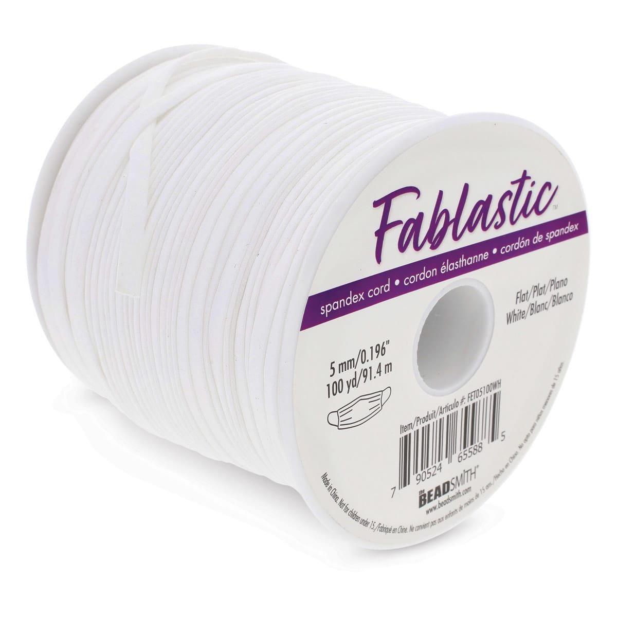 Fablastic Flat Stretch Cord - White, 5 mm W x 100 yds L