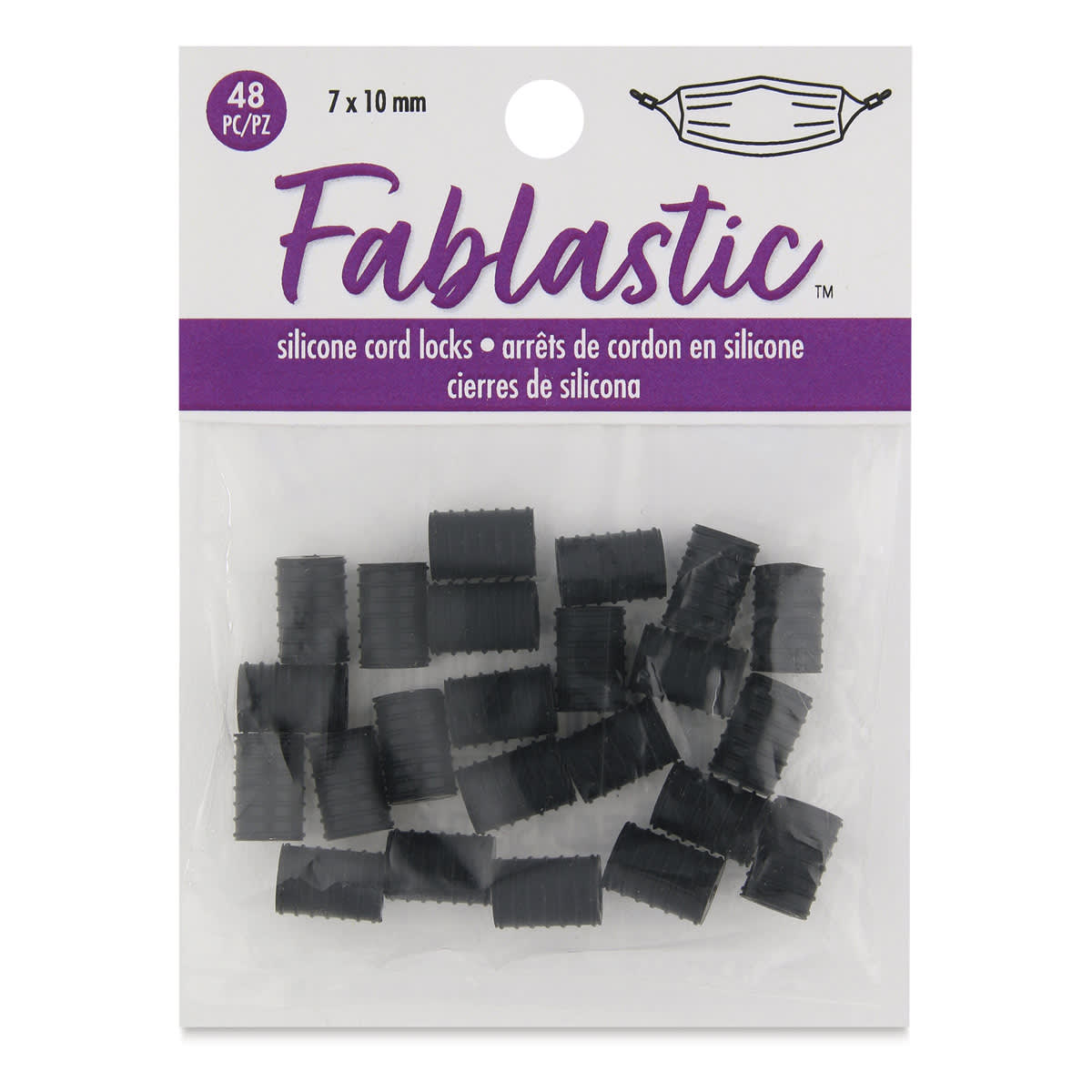 Silicone Cord Lock, Black, Cylinder, Package of 48, Front