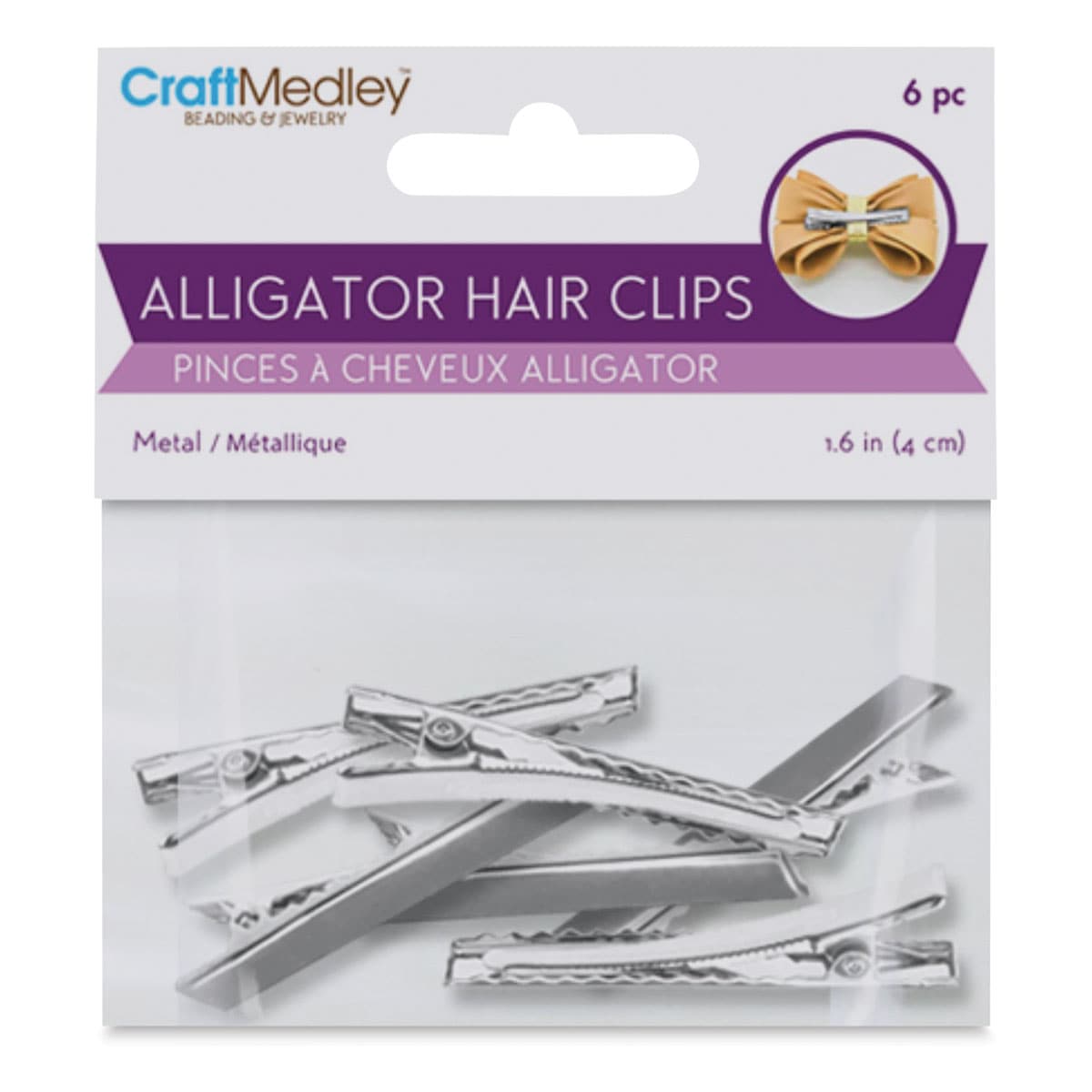 Craft Medley Metal Alligator Hair Clips - Silver, Package of 6, 1-3/5" - front of packaging
