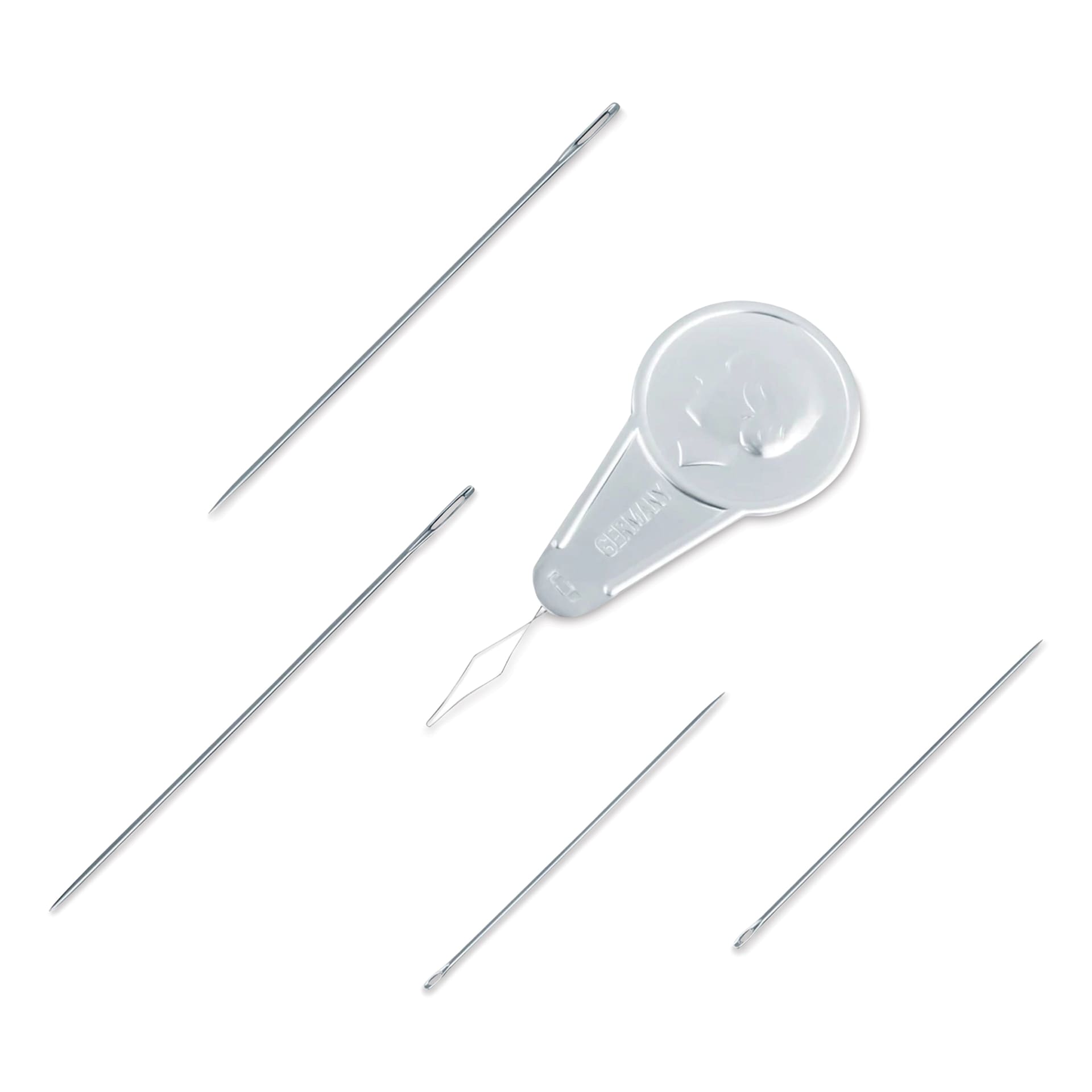 Prym Love Needle Card with Threader, contents outside of the packaging.