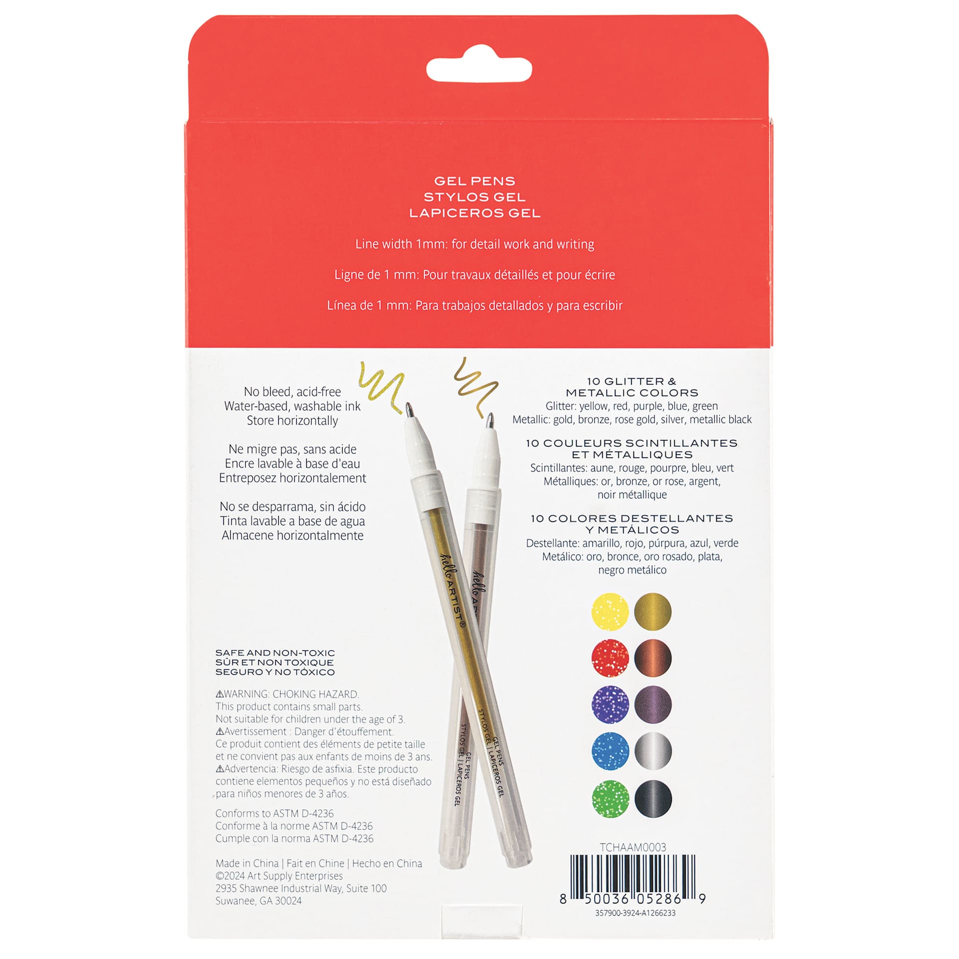 Hello Artist! Glitter Pens - Set of 10, back of packaging