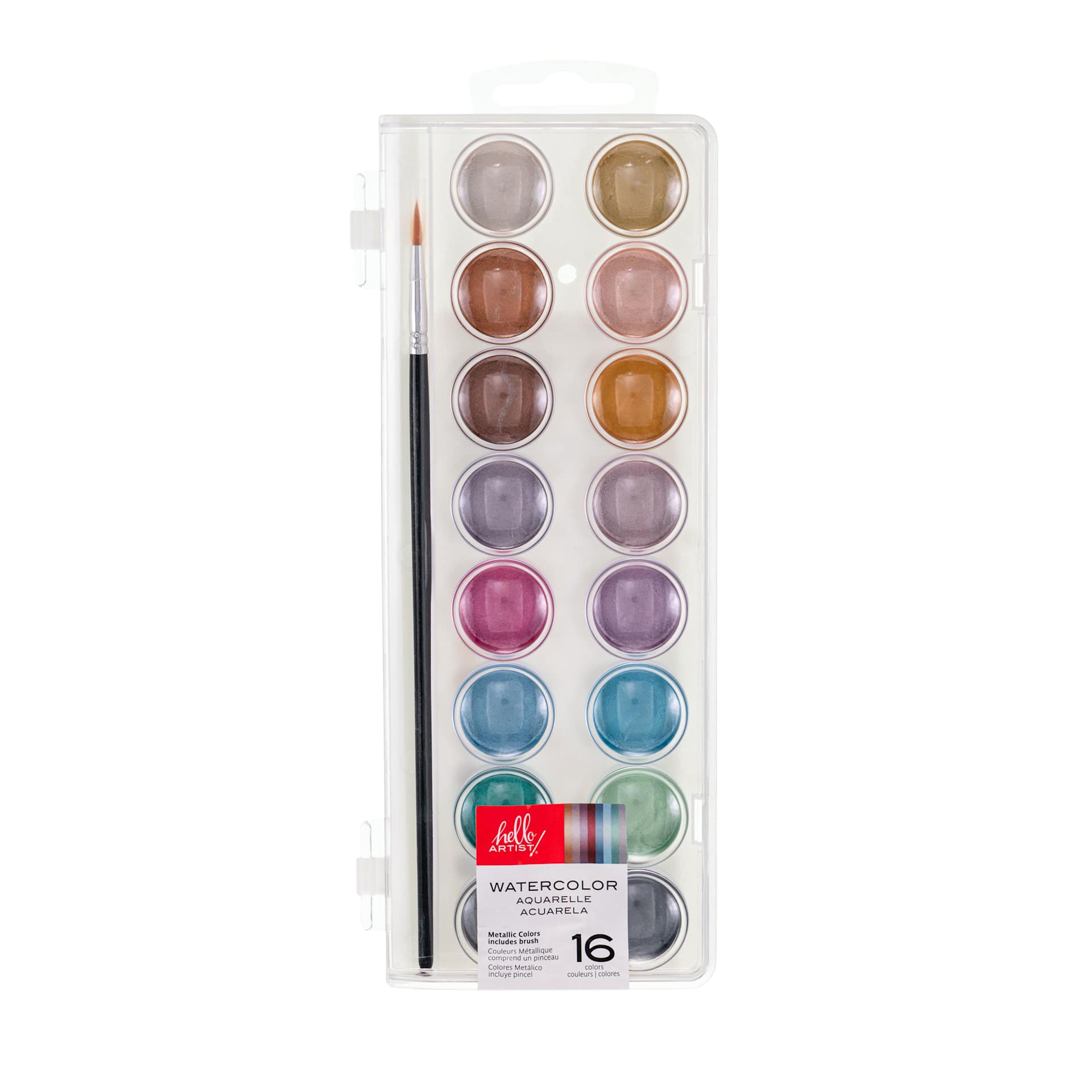 Hello Artist Watercolor Cakes with Brush, Metallic Set of 16