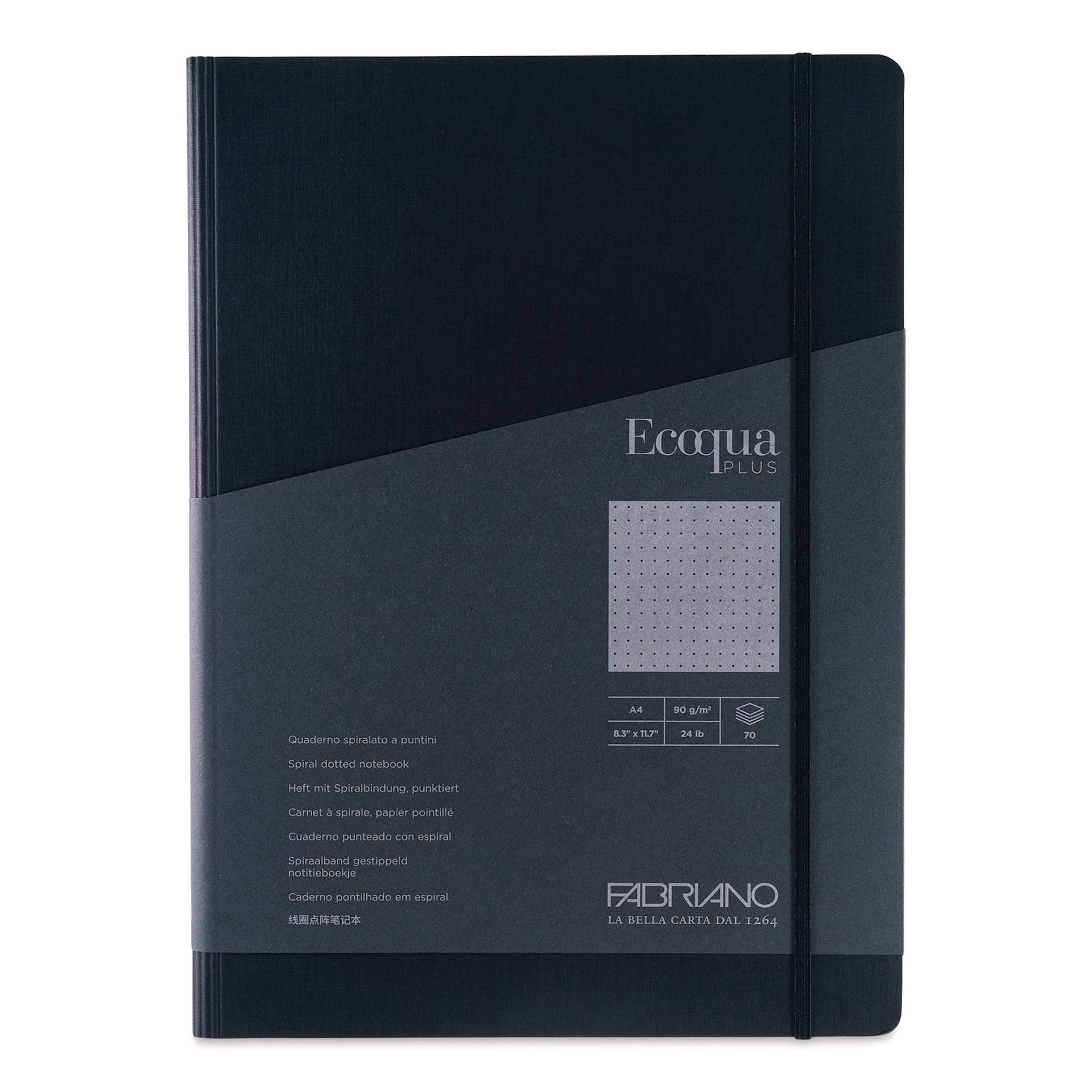 Fabriano Ecoqua Plus Hidden Spiral-Bound Notebook - Black, 11-7/10" x 8-1/4", Dot Grid, front cover