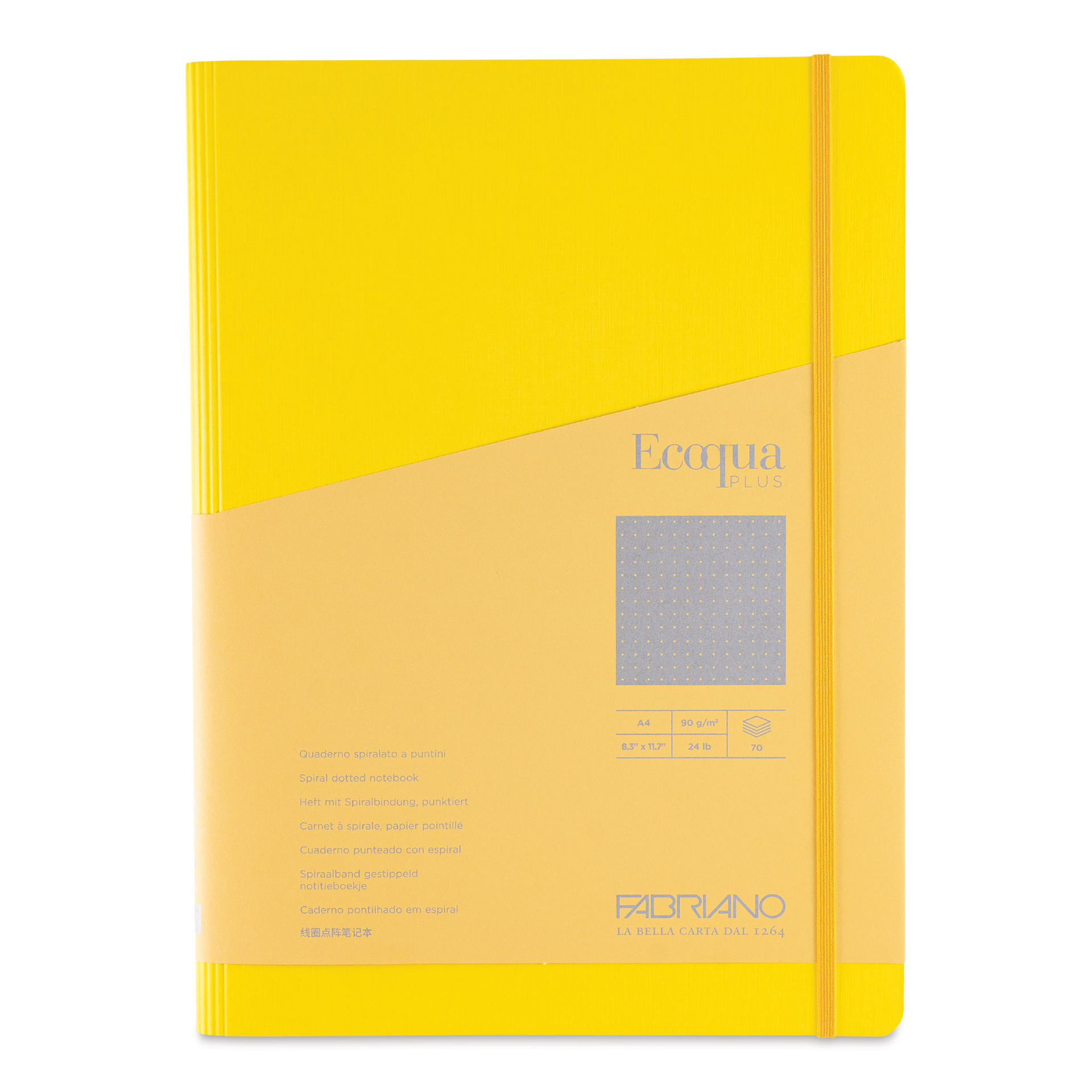 Fabriano Ecoqua Plus Hidden Spiral-Bound Notebook - Yellow, 11-7/10" x 8-1/4", Dot Grid, front cover