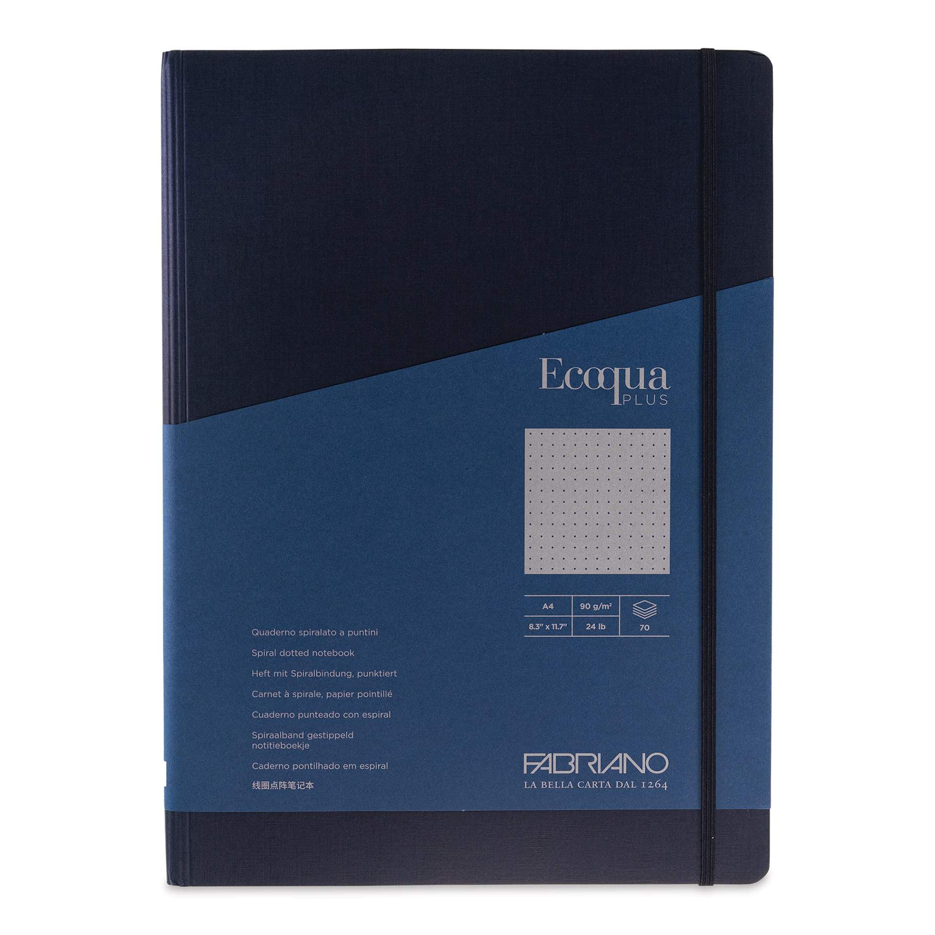 Fabriano Ecoqua Plus Hidden Spiral-Bound Notebook - Navy, 11-7/10" x 8-1/4", Dot Grid, front cover