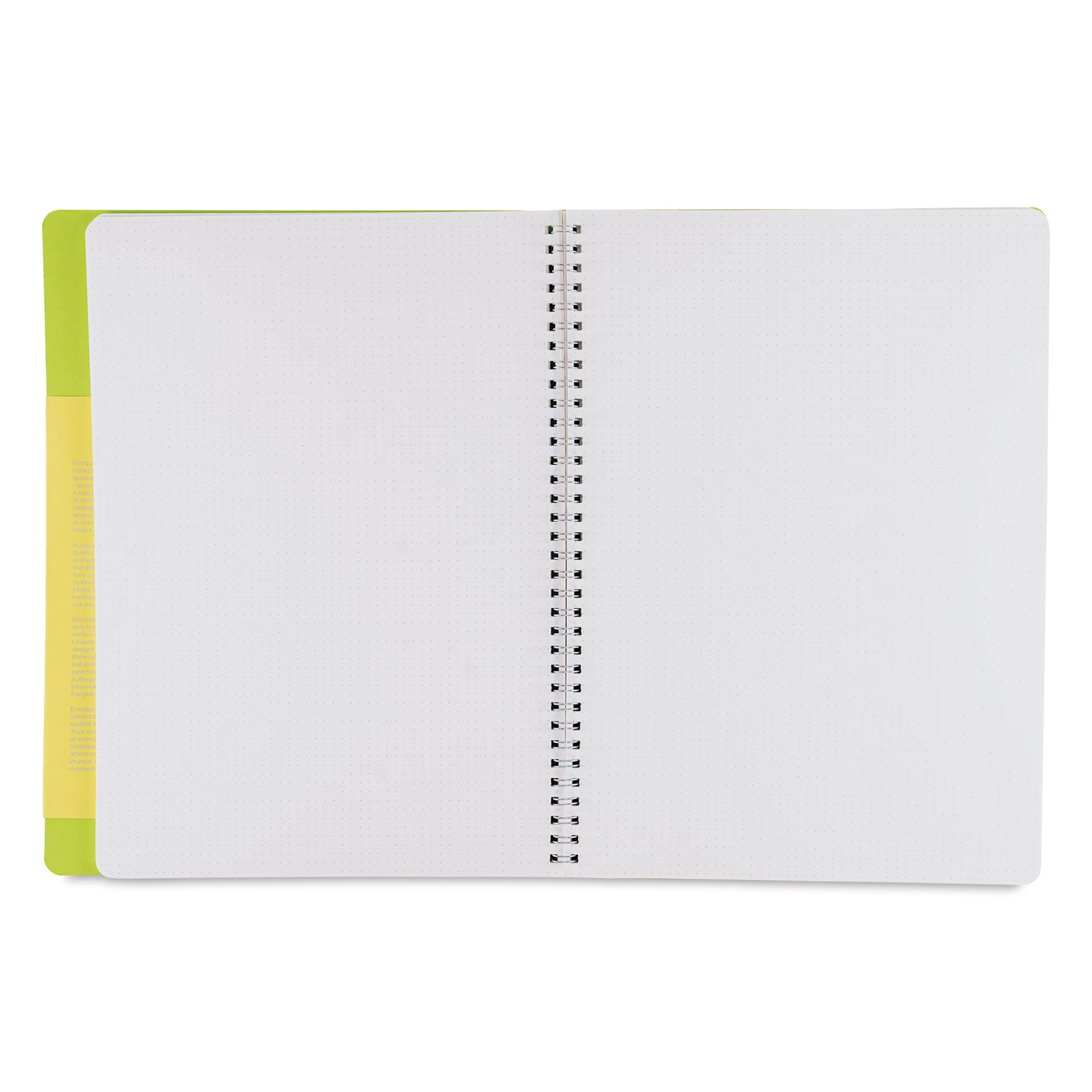 Fabriano Ecoqua Plus Hidden Spiral-Bound Notebook - Lime, 11-7/10" x 8-1/4", Dot Grid, open