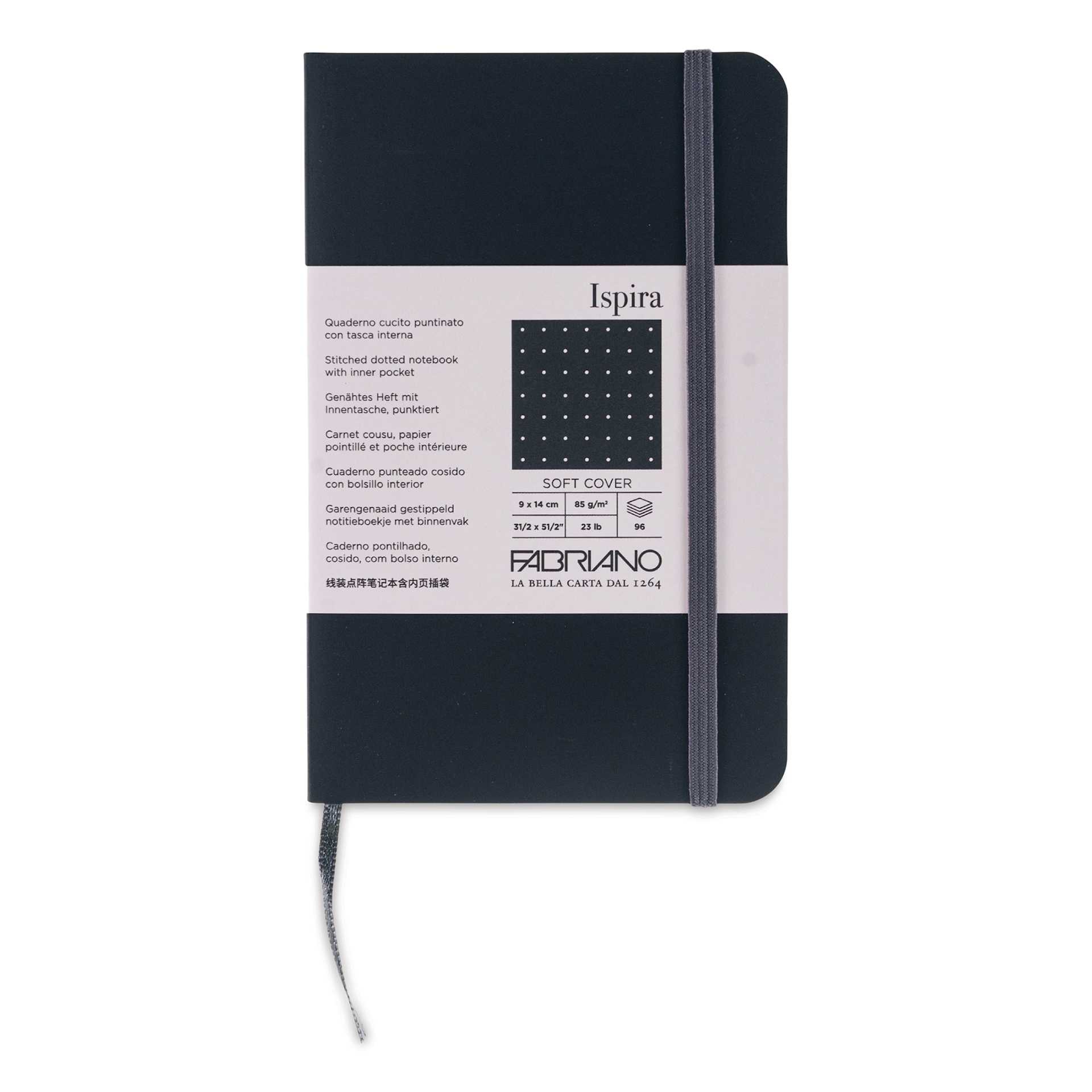 Fabriano Ispira Soft-Cover Notebook - Black, 3-1/2" x 5-1/2", Dot Grid, front cover
