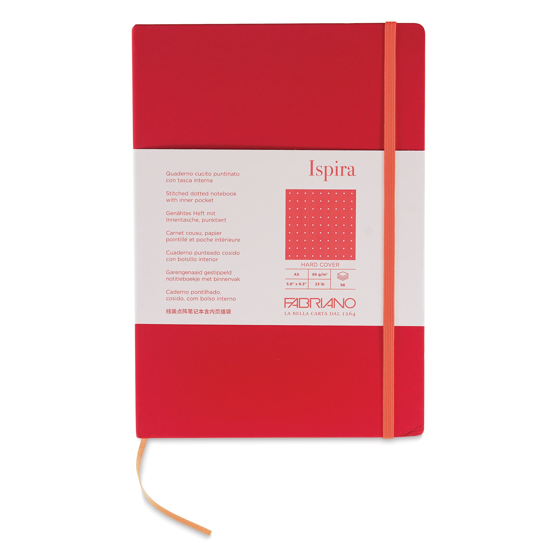 Fabriano Ispira Hard-Cover Notebook - Red, 5-4/5" x 8-1/4", Dot Grid, front cover