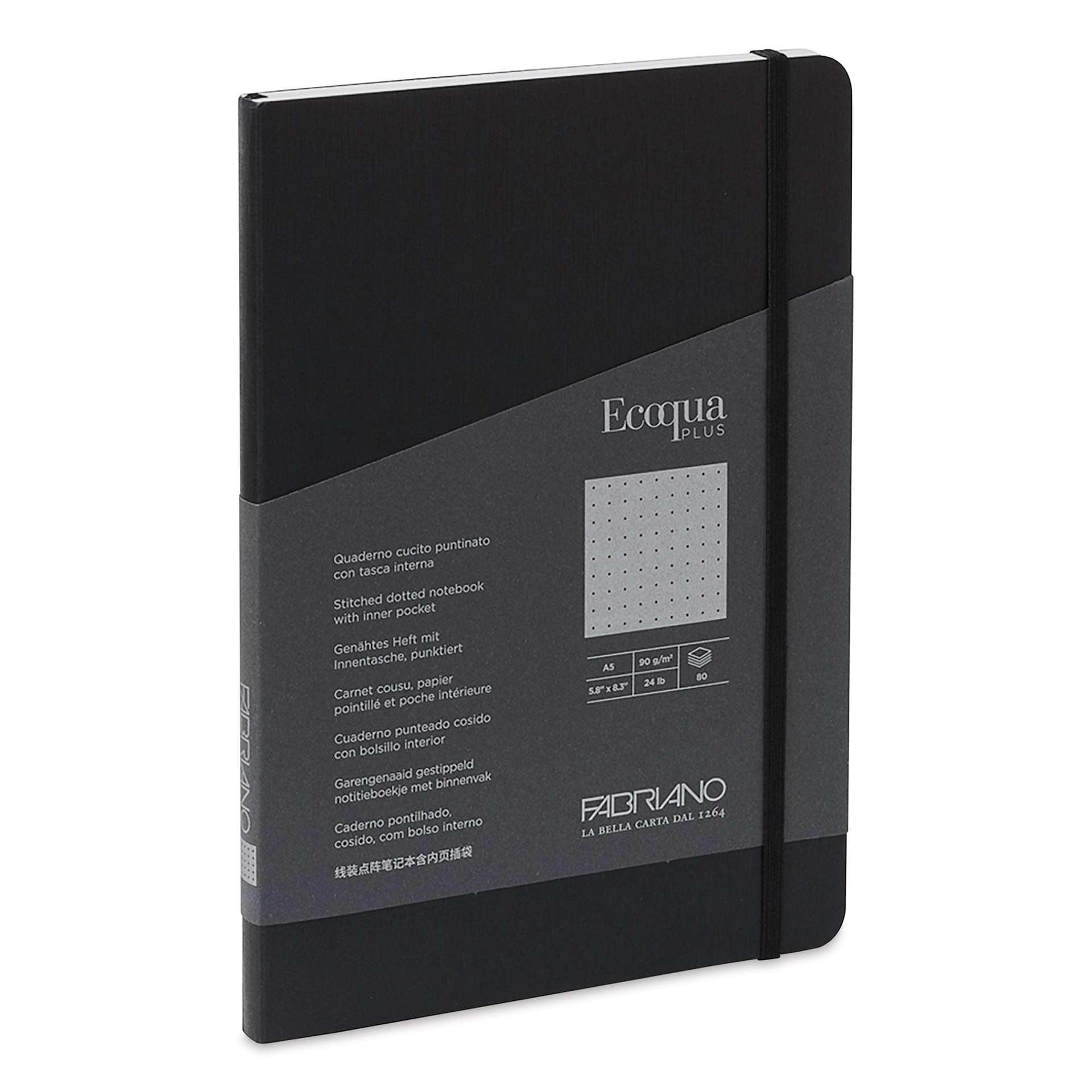 Fabriano EcoQua Plus Stitch-Bound Notebook - Black, 5-4/5" x 8-1/4", Dot Grid, back cover