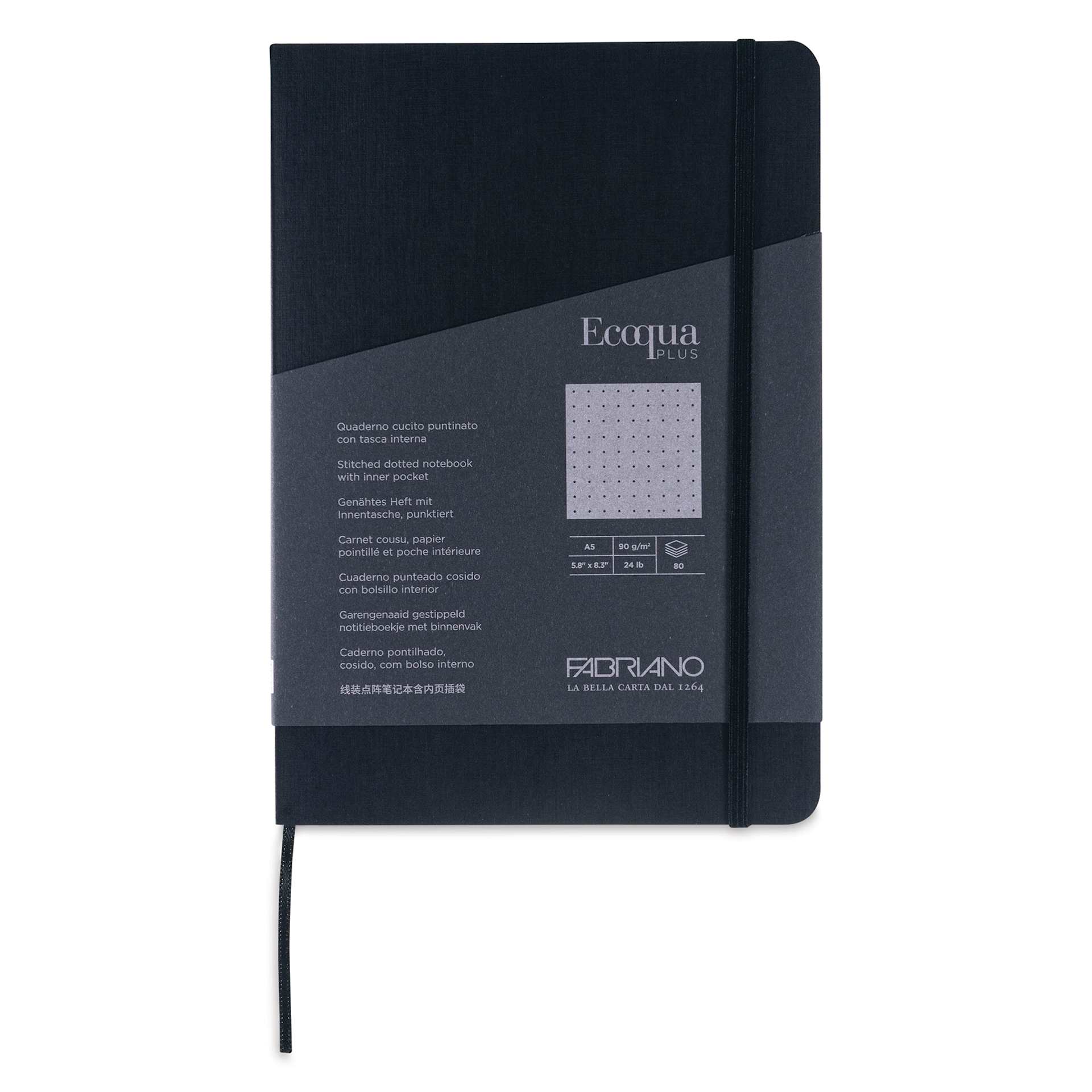 Fabriano EcoQua Plus Stitch-Bound Notebook - Black, 5-4/5" x 8-1/4", Dot Grid, front cover